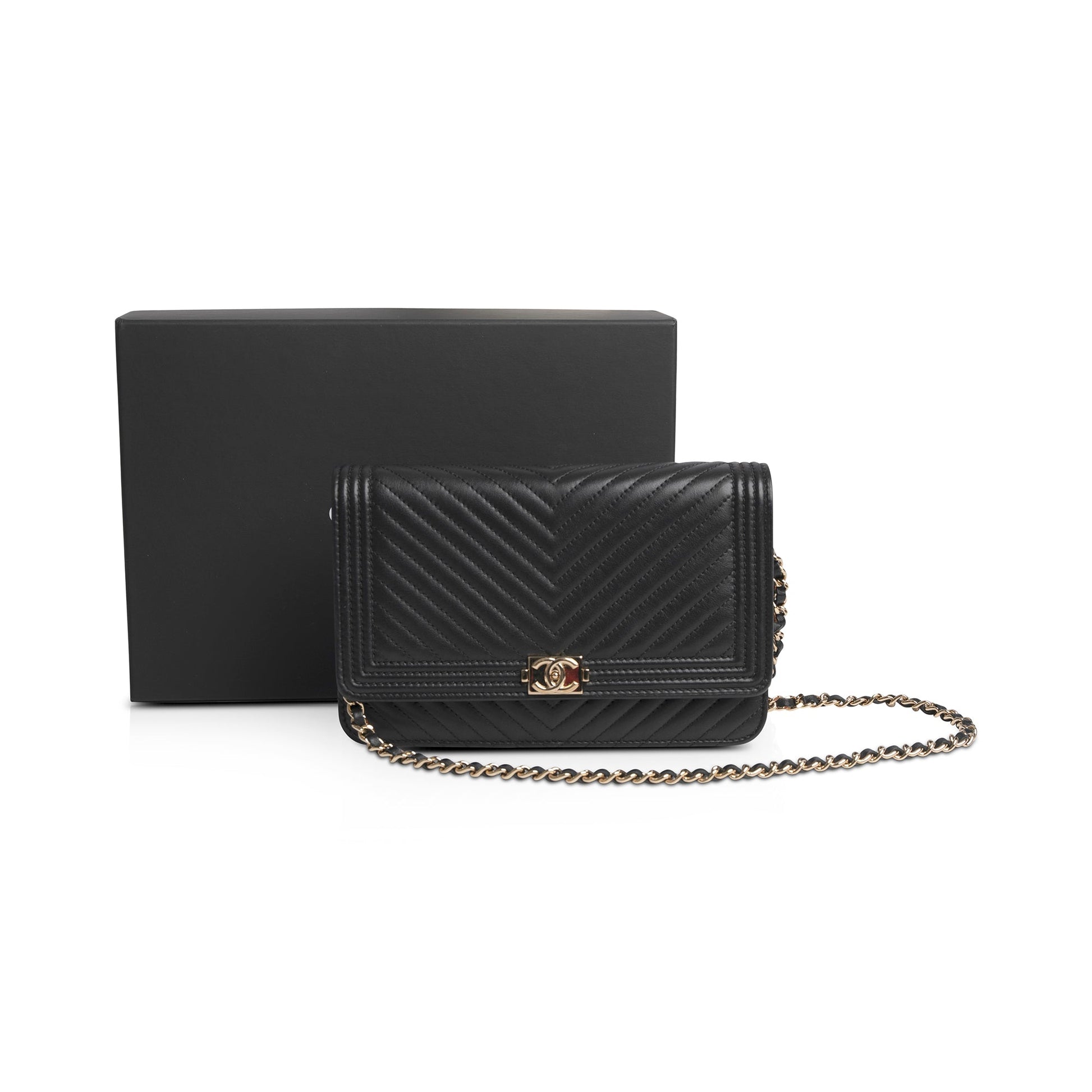 Chanel Chevron Boy on Black Wallet Case