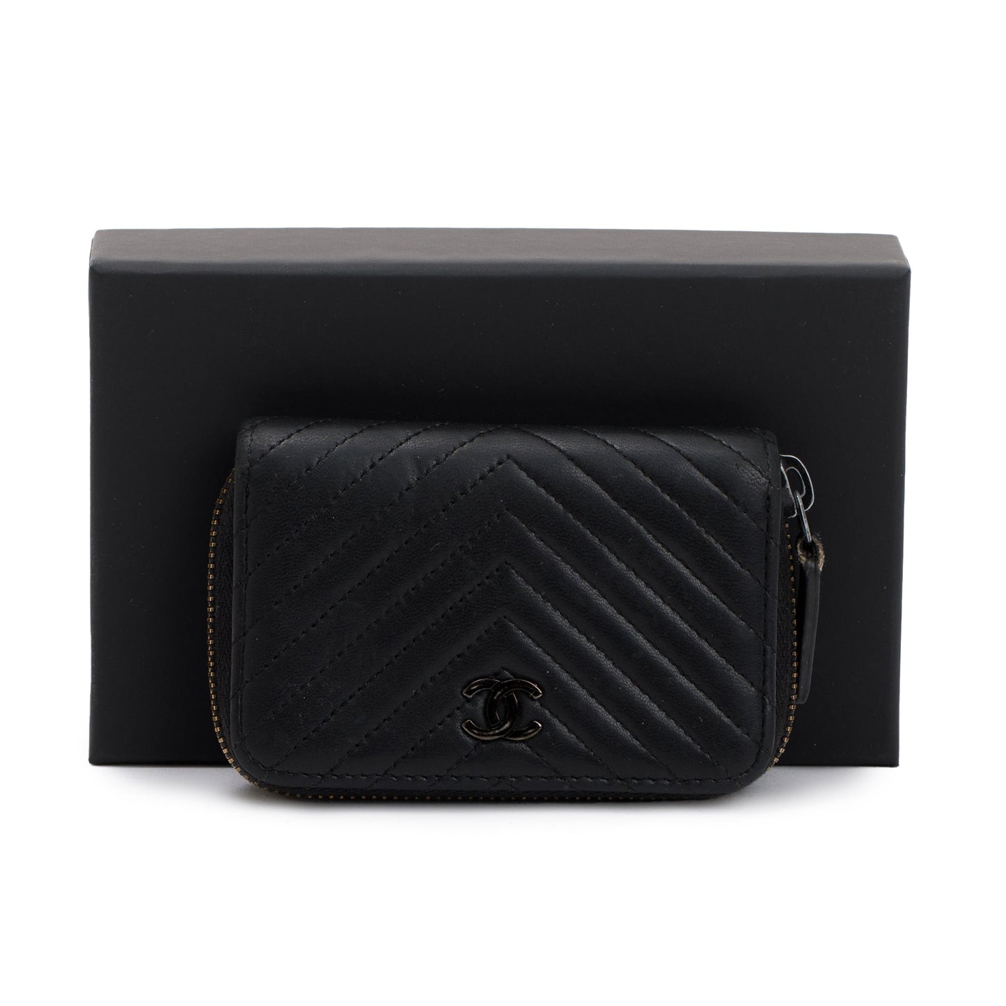 Chanel Chevron Classic Zipped Coin Purse Leather Calfskin Black Wallet Case