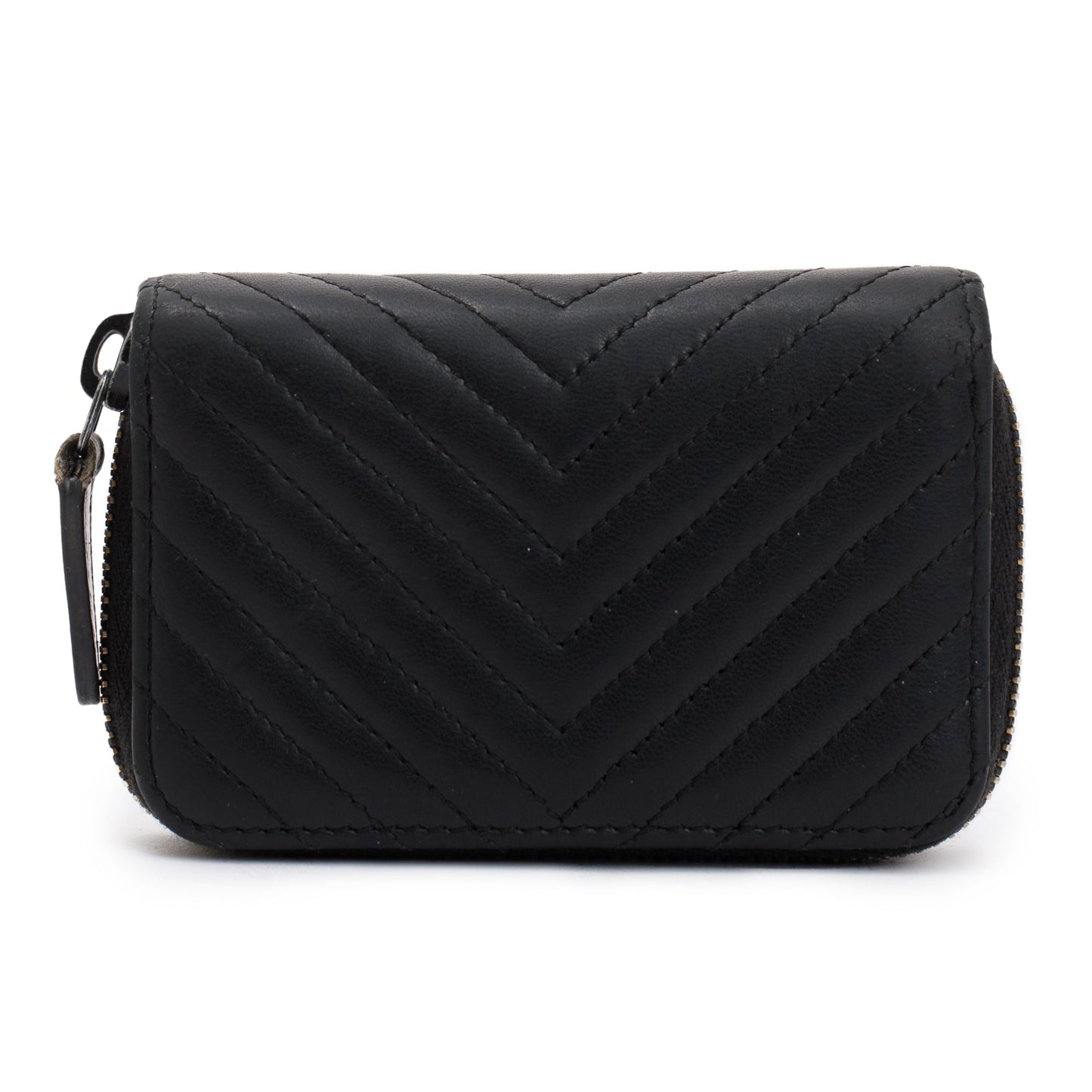 Chanel Chevron Classic Zipped Coin Purse Leather Calfskin Black Wallet Case