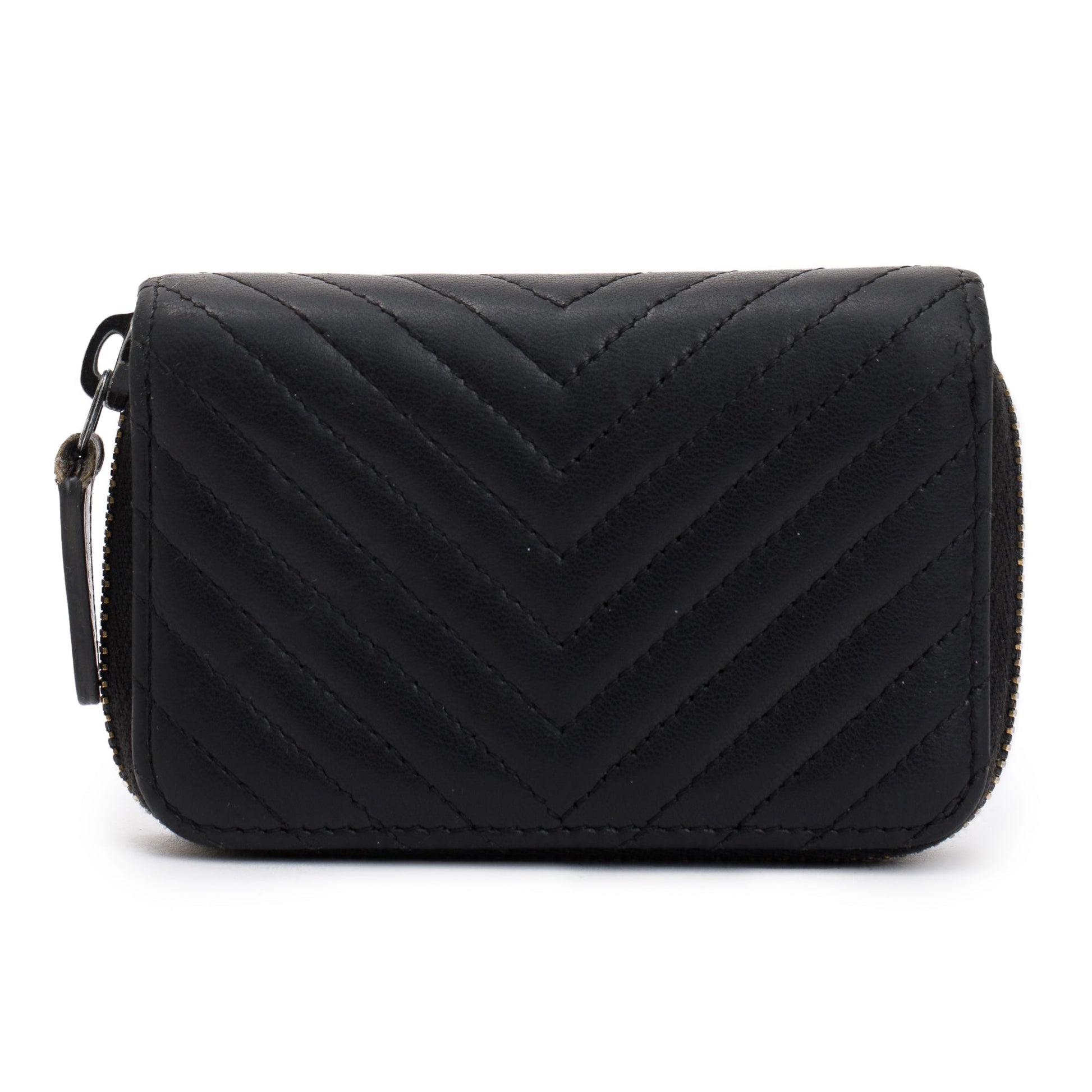 Chanel Chevron Classic Zipped Coin Purse Leather Calfskin Black Wallet Case
