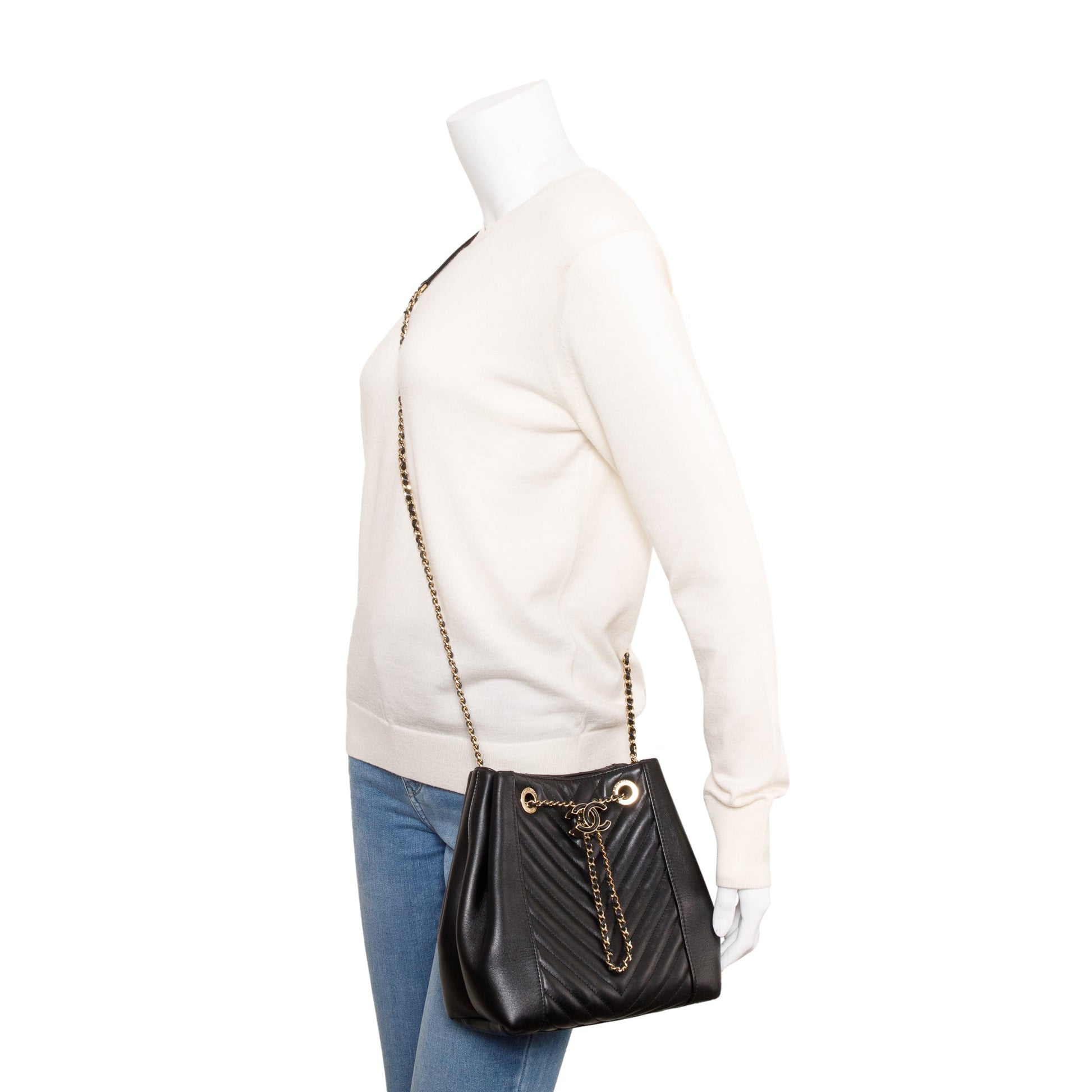 Chanel Chevron Drawstring Bucket Leather Calfskin Black Jewelry
