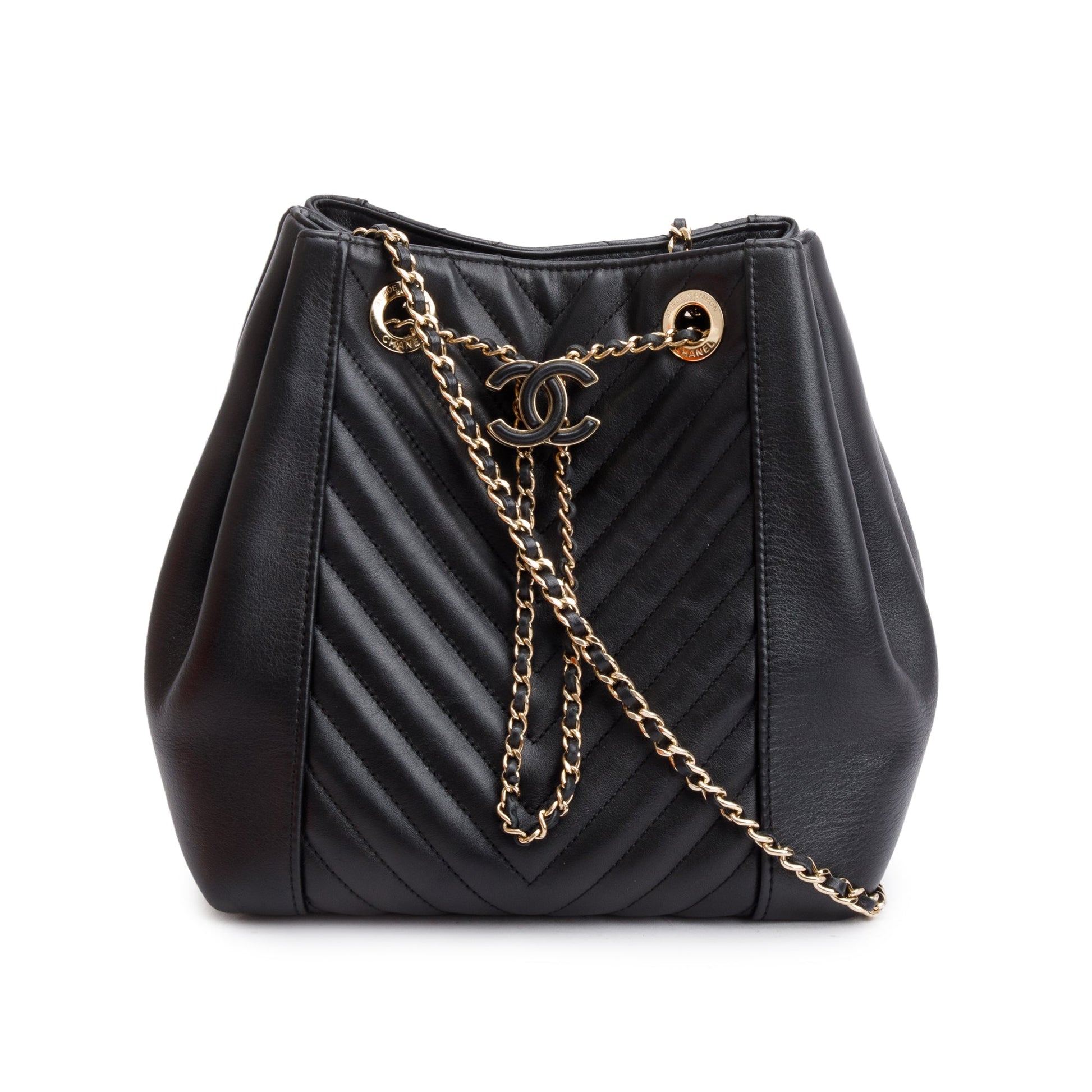 Chanel Chevron Drawstring Bucket Leather Calfskin Black Jewelry