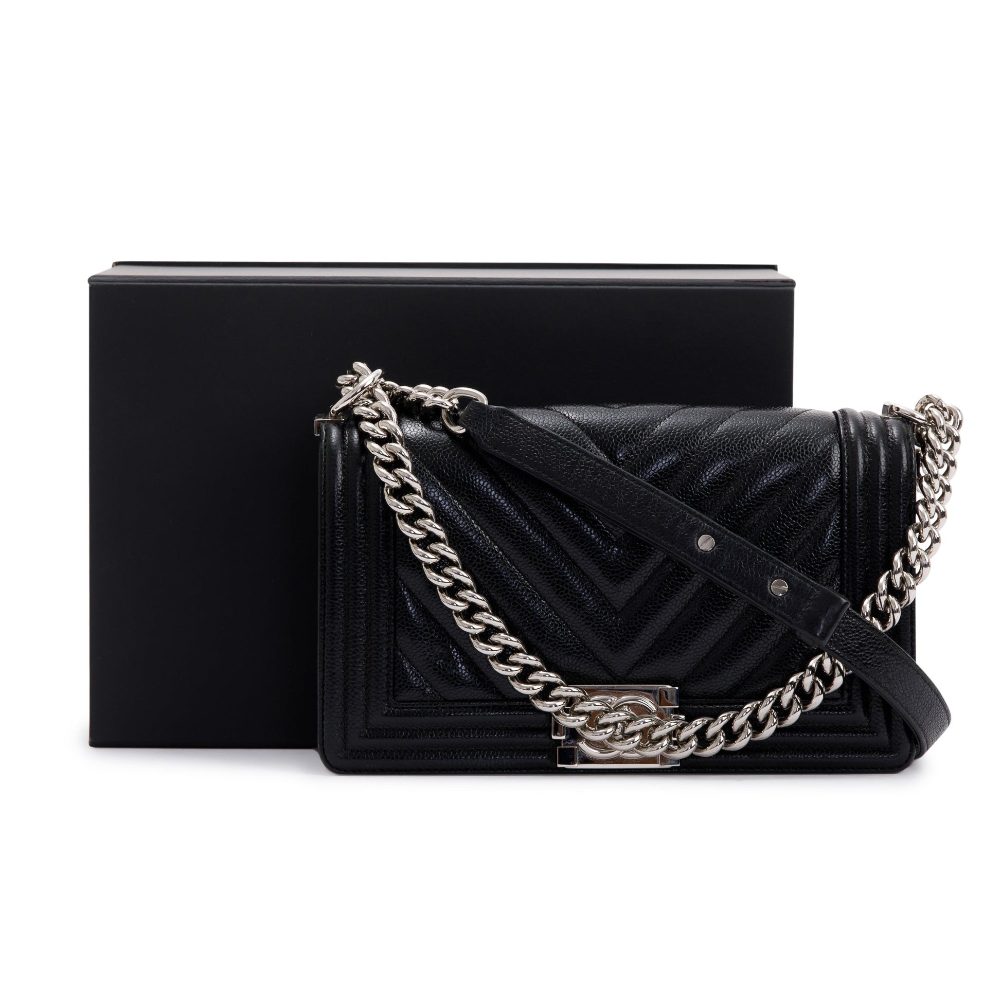Chanel Chevron Caviar Boy Black Travel Bag