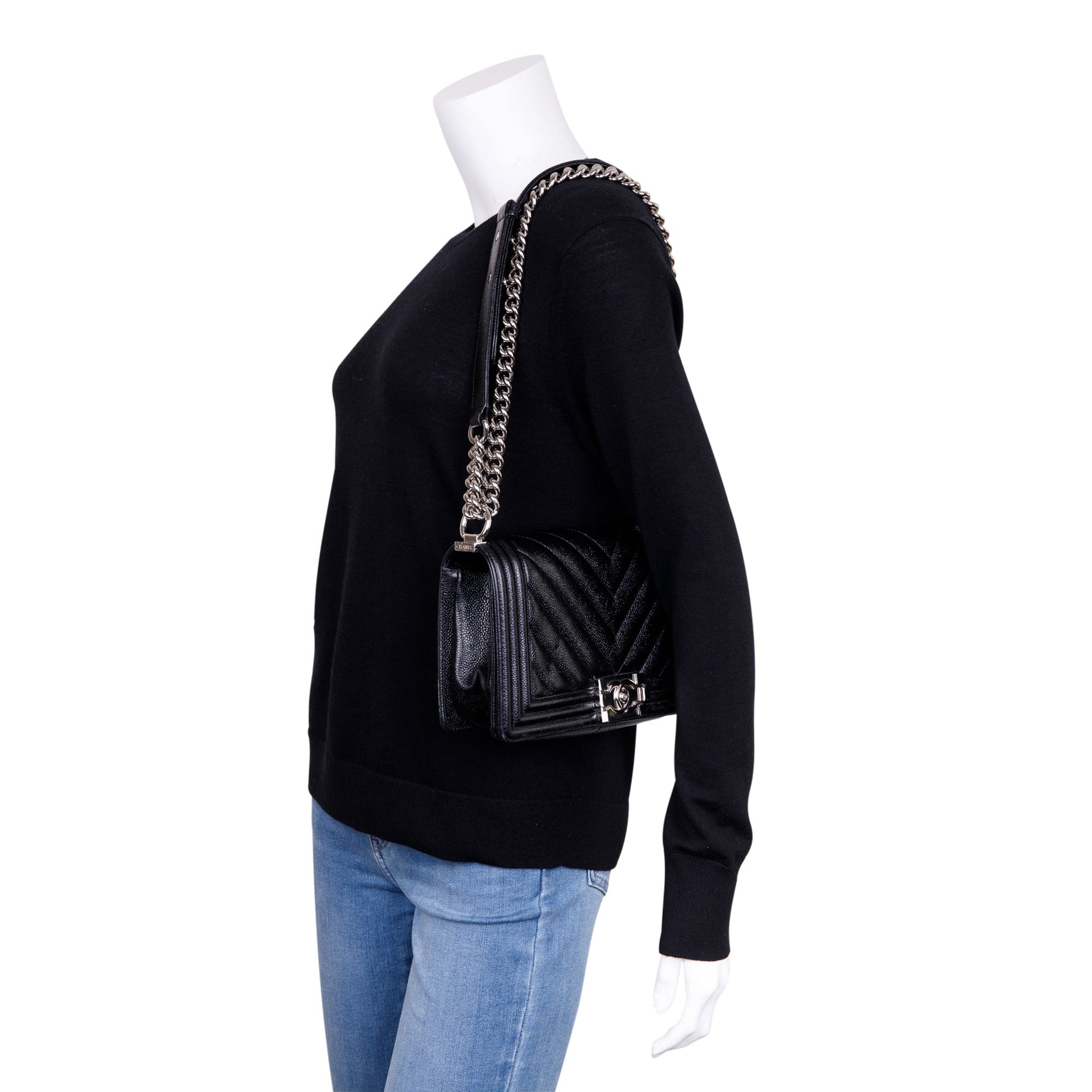 Chanel Chevron Caviar Boy Black Travel Bag