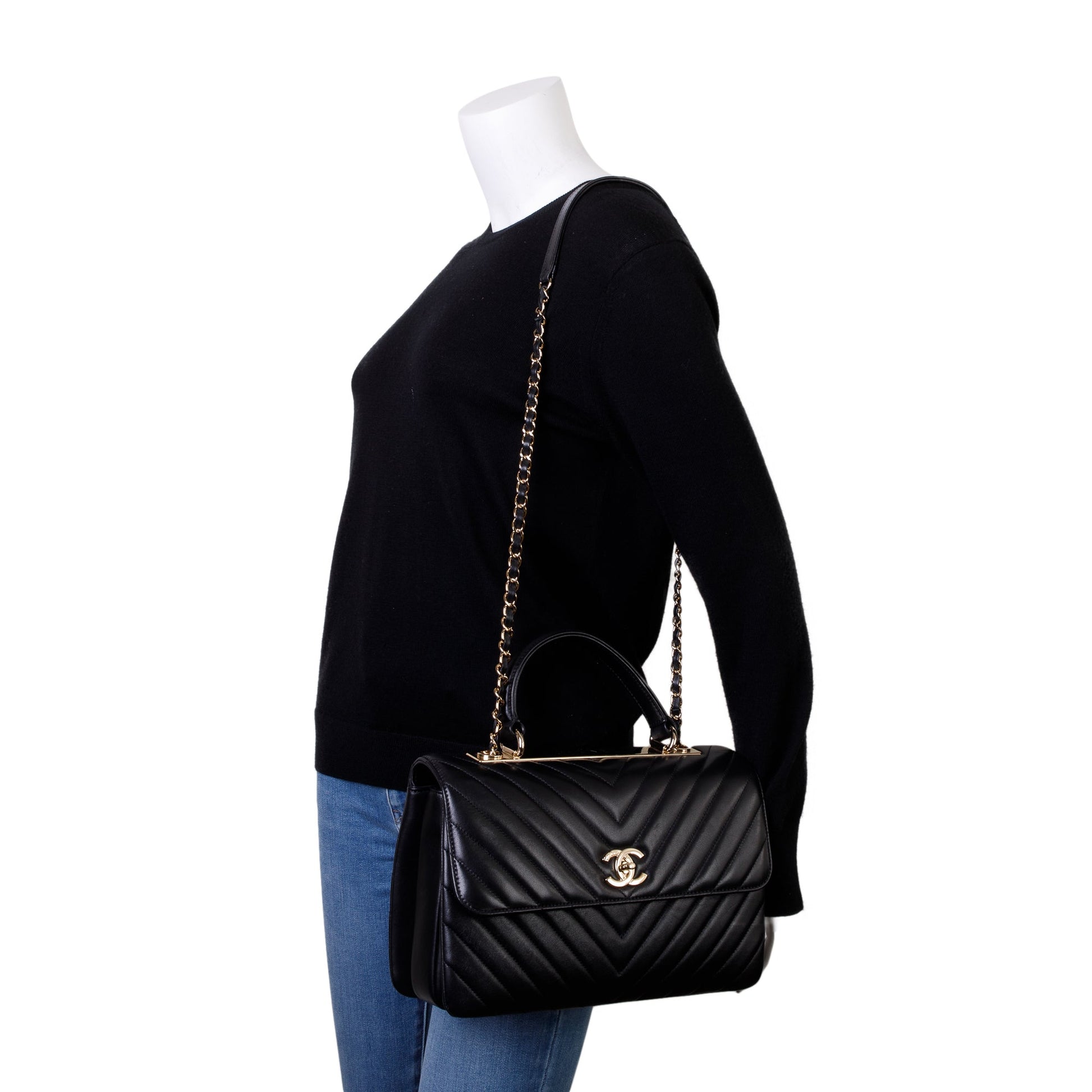 Chanel Chevron Trendy CC Top Handle Lambskin Black Travel Bag