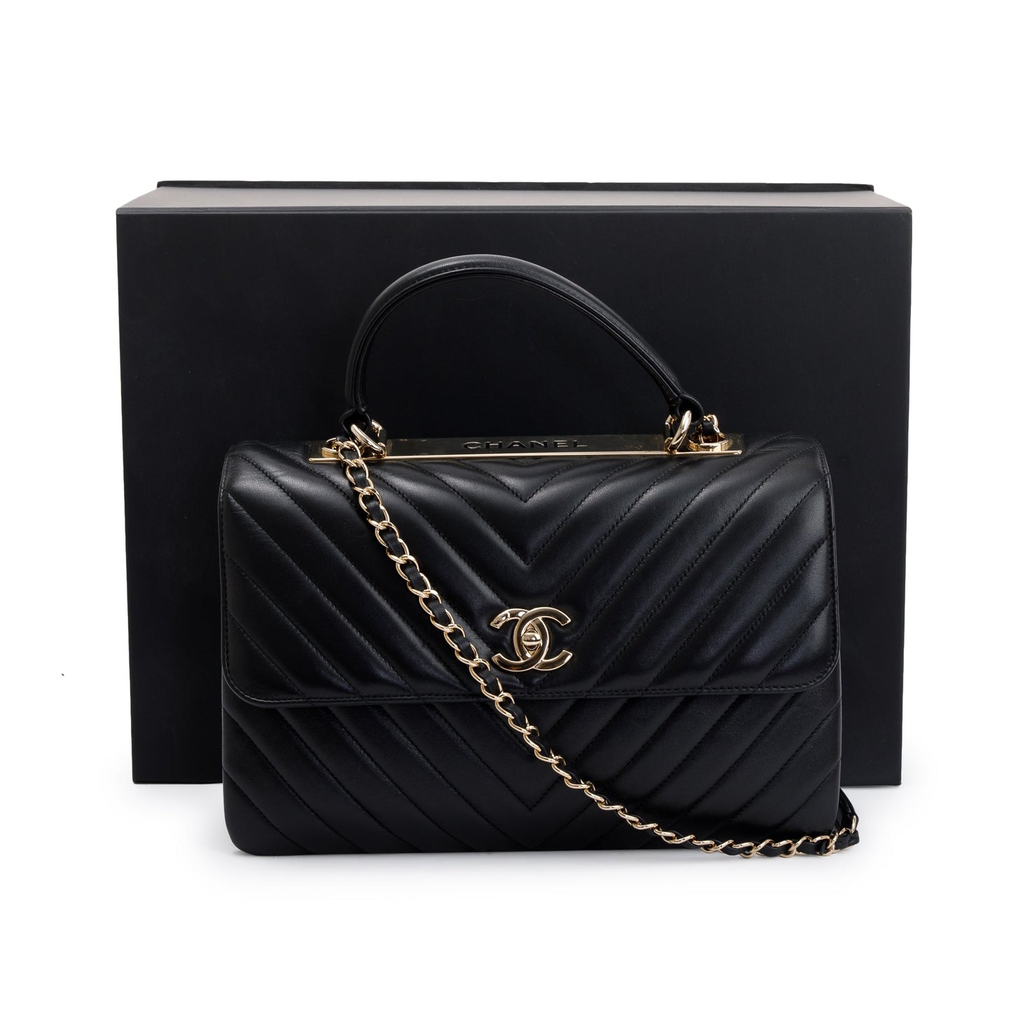 Chanel Chevron Trendy CC Top Handle Lambskin Black Travel Bag