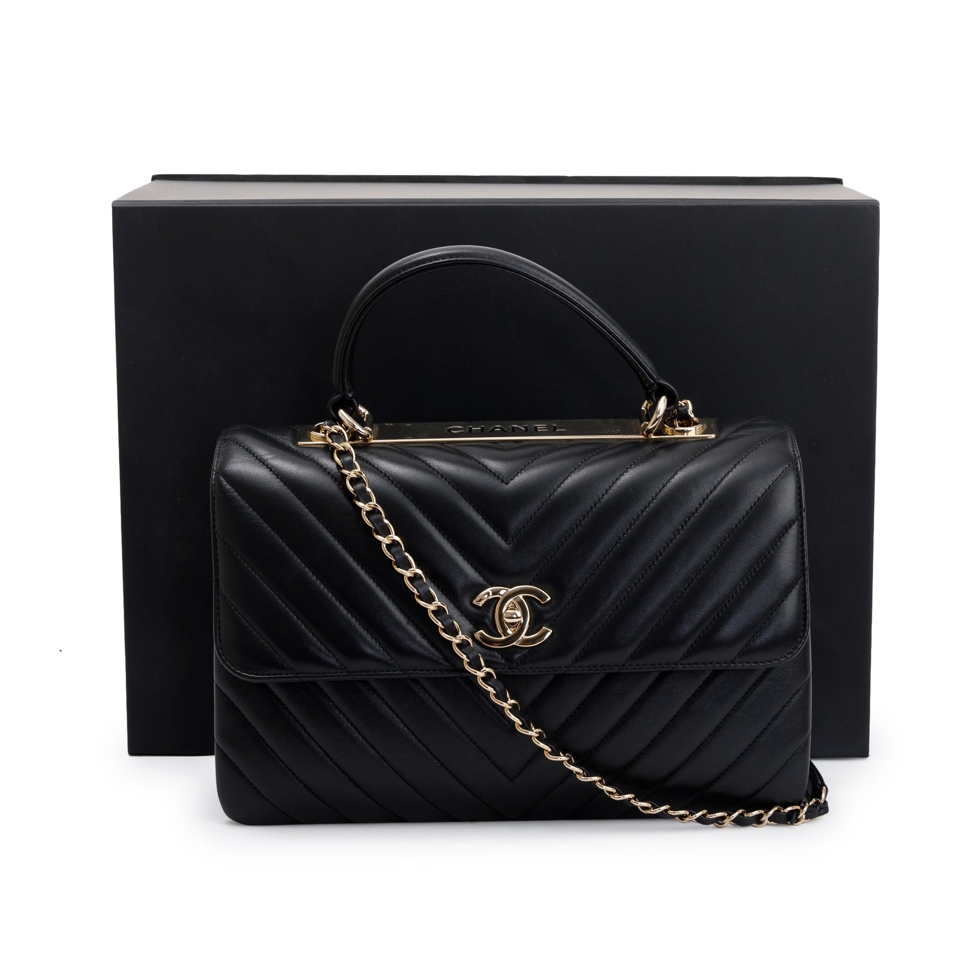 Chanel Chevron Trendy CC Top Handle Lambskin Black Travel Bag
