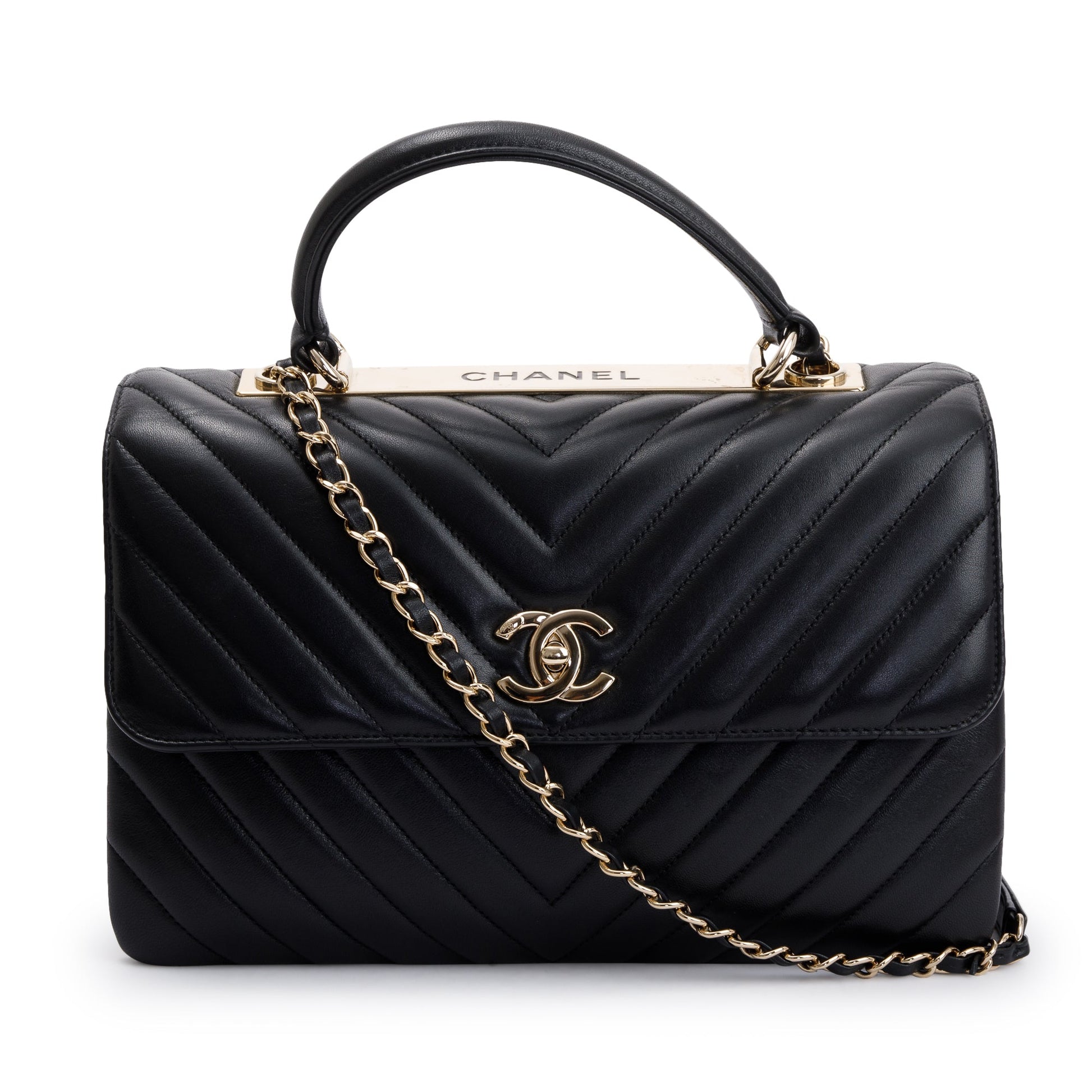 Chanel Chevron Trendy CC Top Handle Lambskin Black Travel Bag
