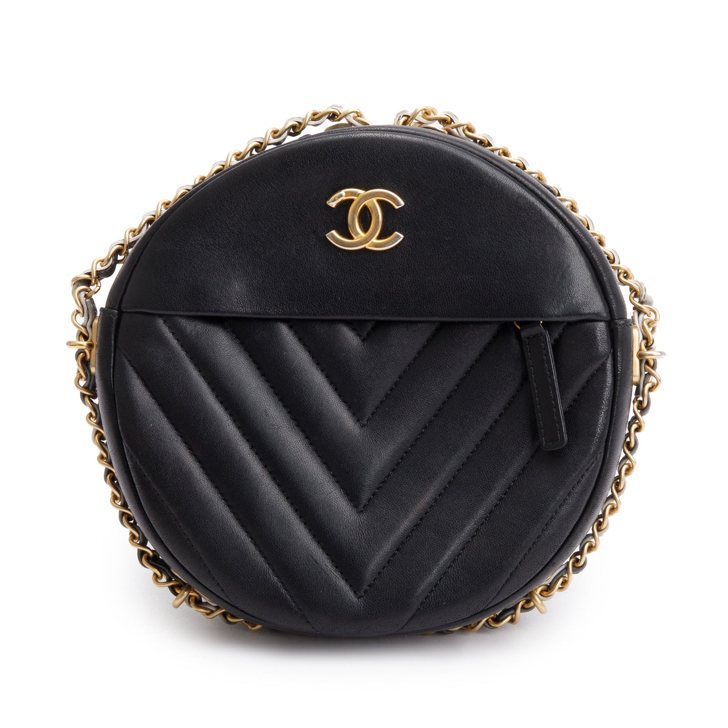 Chanel Chevron Round as Earth Leather Black Travel Bag