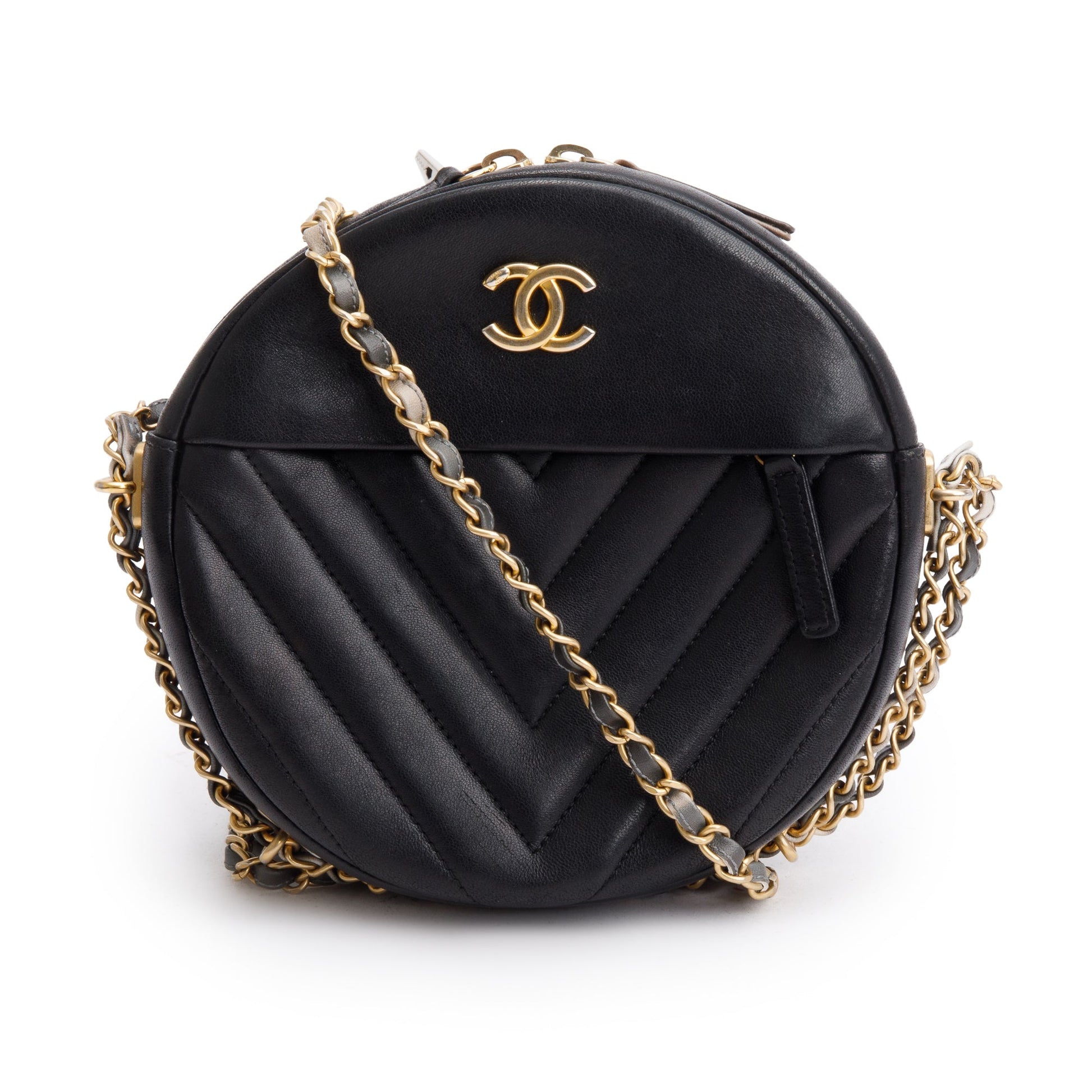 Chanel Chevron Round as Earth Leather Black Travel Bag