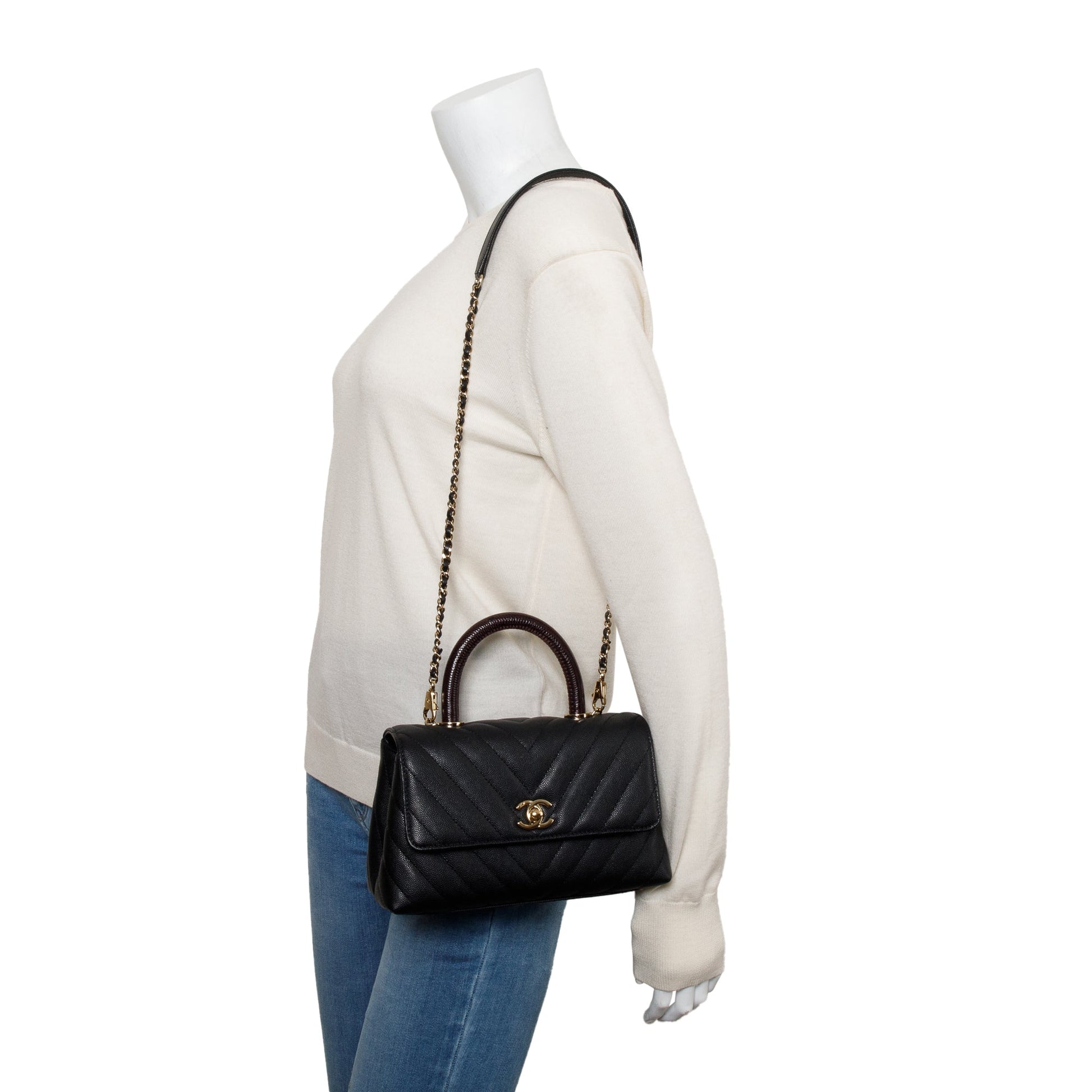 Chanel Chevron Quilted Caviar Lizard Coco Leather Black Travel Bag