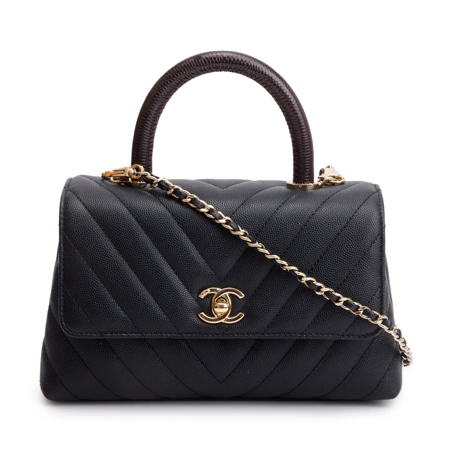 Chanel Chevron Quilted Caviar Lizard Coco Leather Black Travel Bag