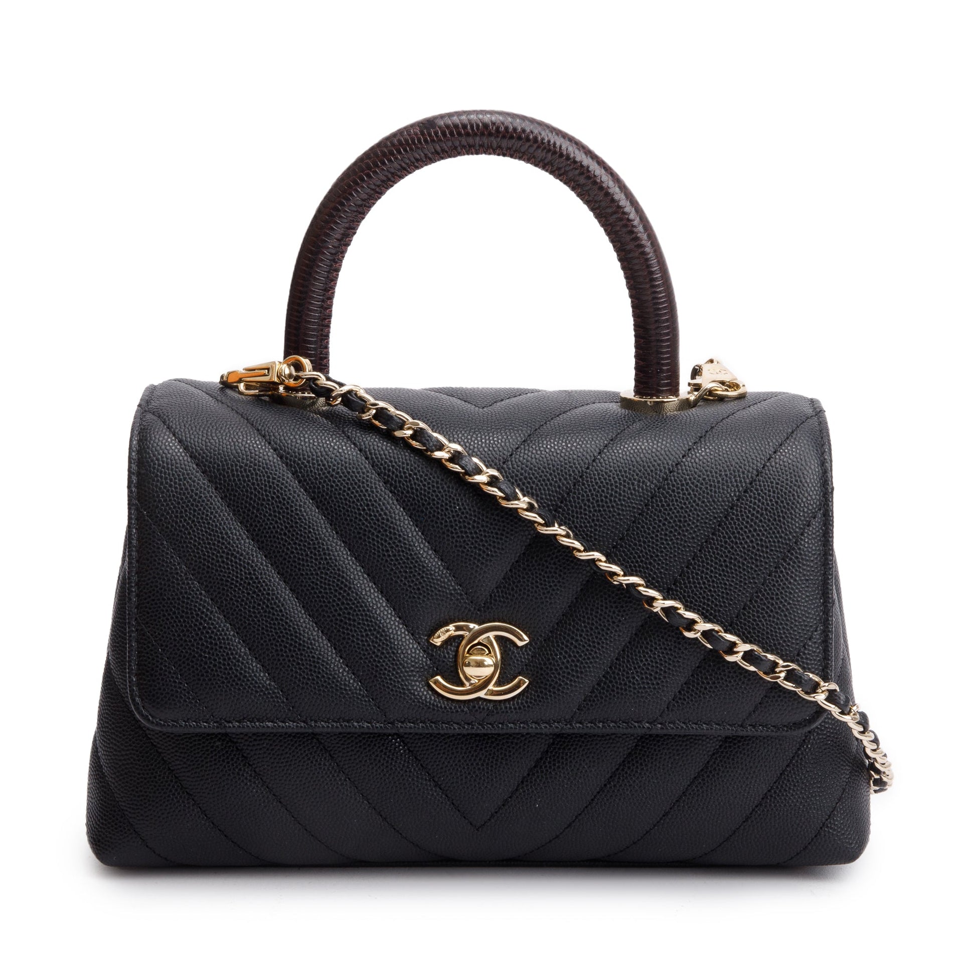 Chanel Chevron Quilted Caviar Lizard Coco Leather Black Travel Bag