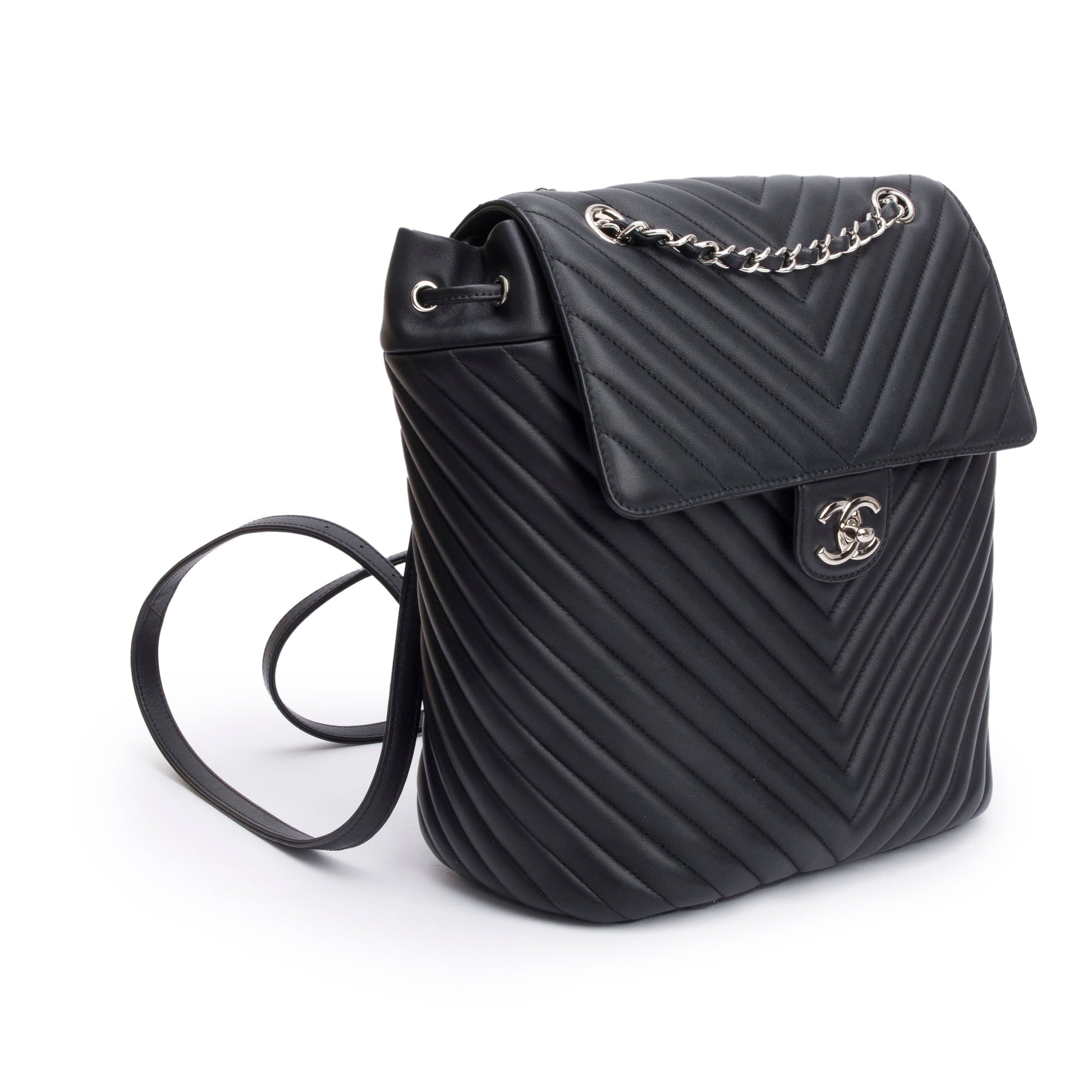 Chanel Chevron Quilted Urban Spirit Backpack Leather Lambskin Black Travel Bag