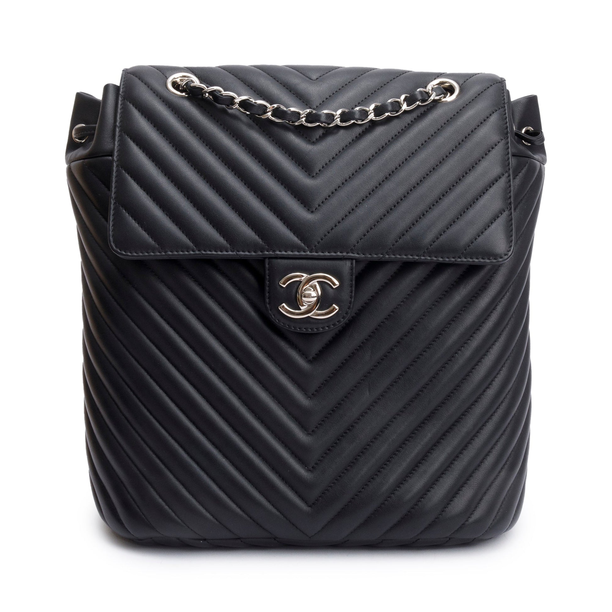Chanel Chevron Quilted Urban Spirit Backpack Leather Lambskin Black Travel Bag