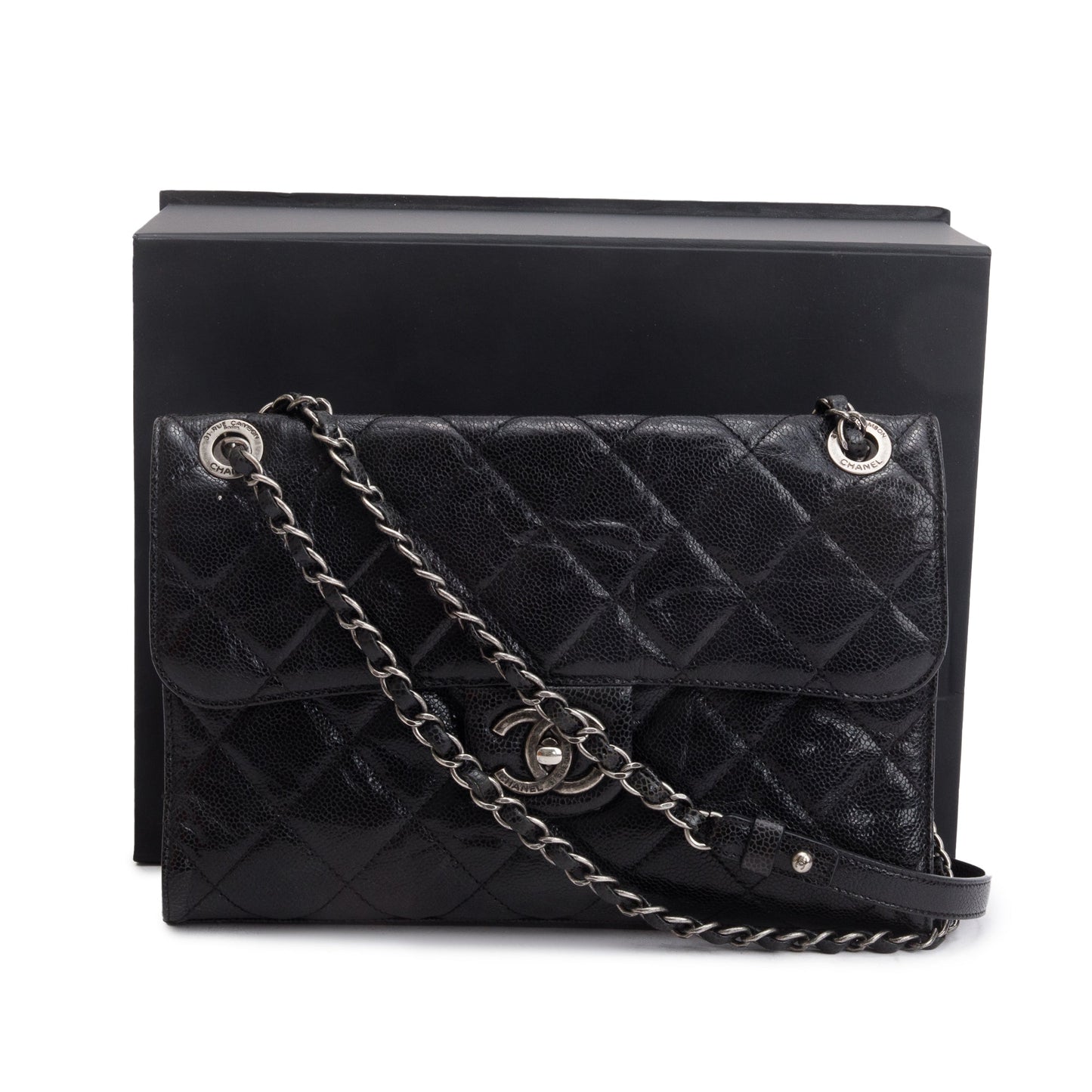 Chanel Glazed Caviar CC Crave Flap Leather Black Travel Bag