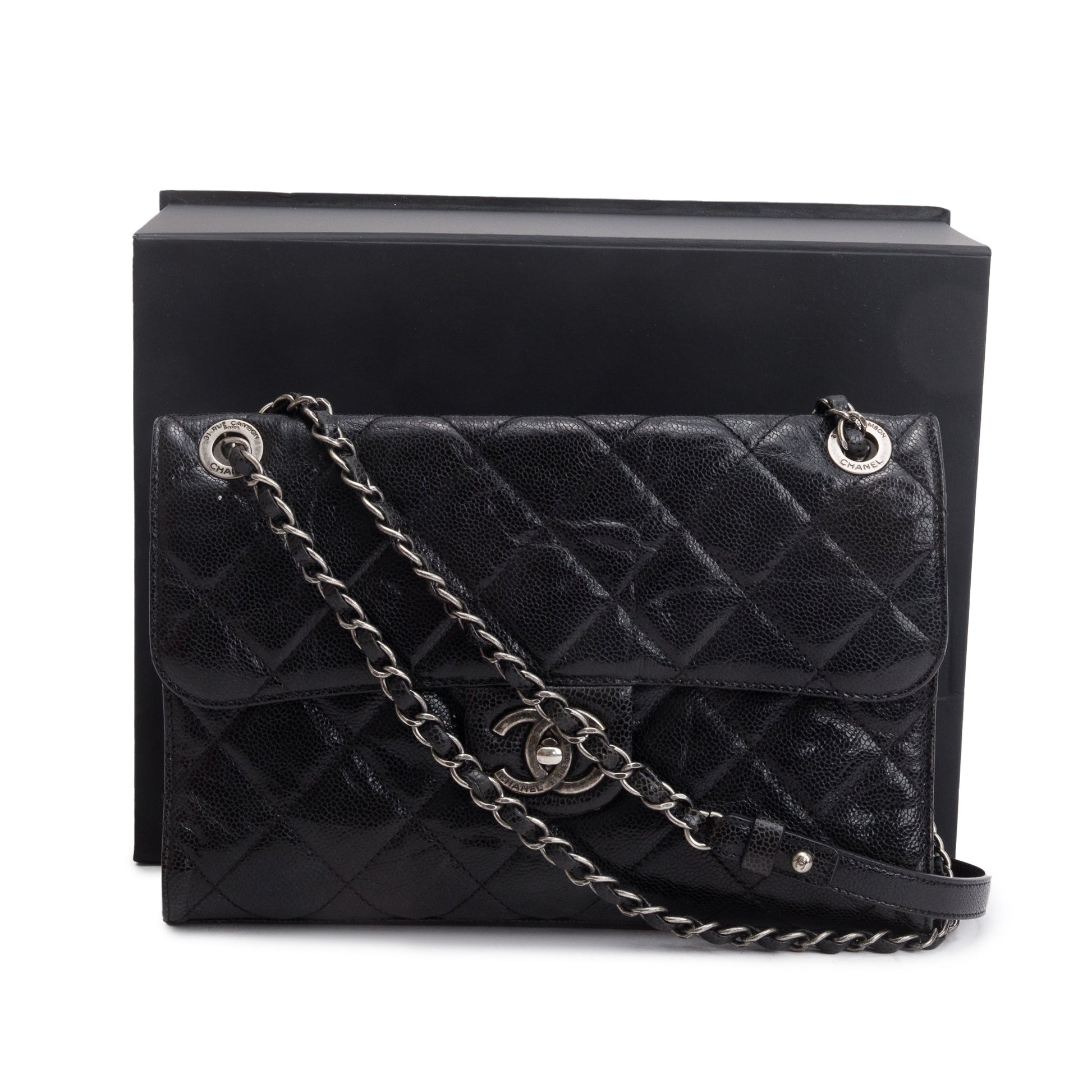 Chanel Glazed Caviar CC Crave Flap Leather Black Travel Bag