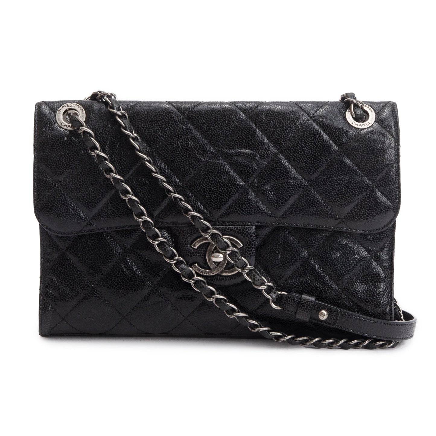 Chanel Glazed Caviar CC Crave Flap Leather Black Travel Bag