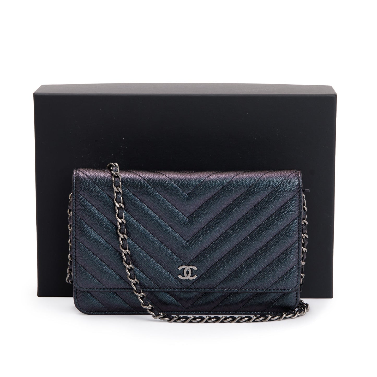 Chanel Iridescent Caviar Chevron on Leather Black Wallet Case
