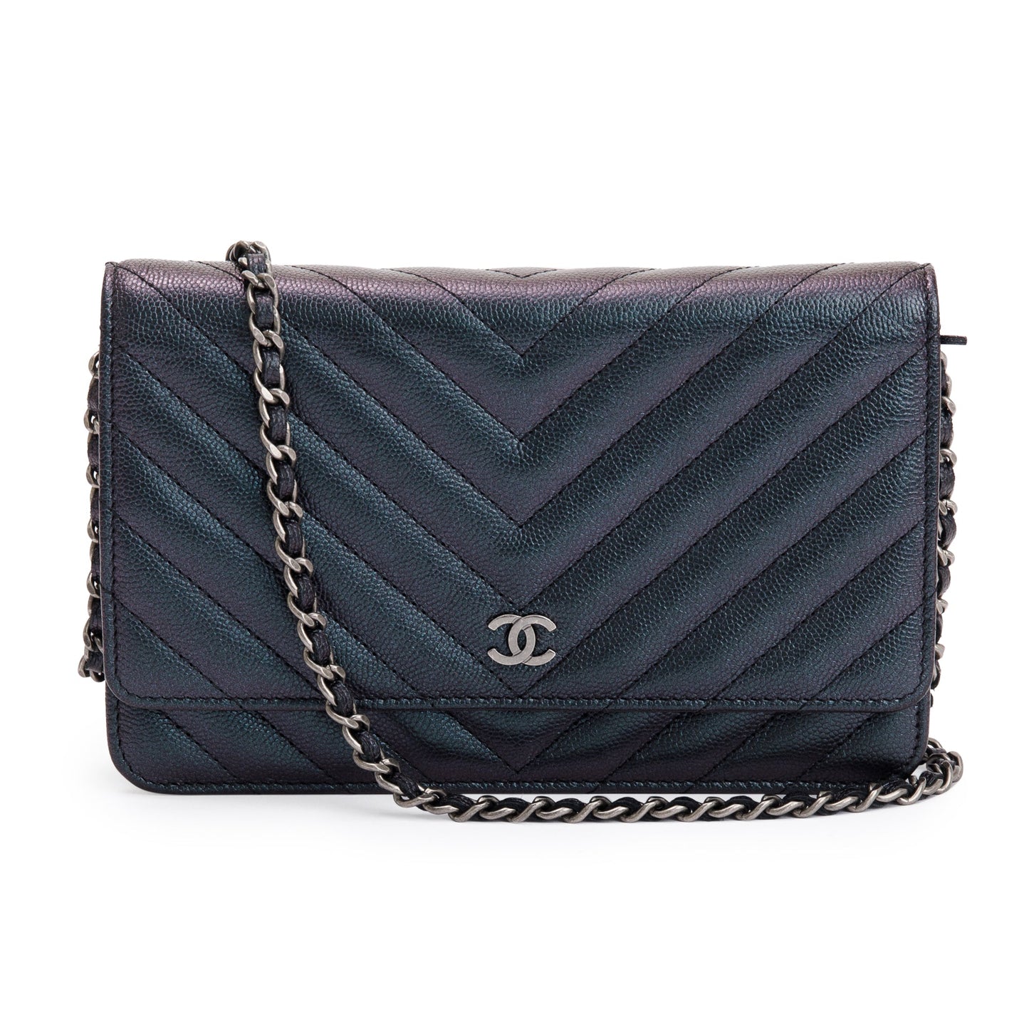 Chanel Iridescent Caviar Chevron on Leather Black Wallet Case