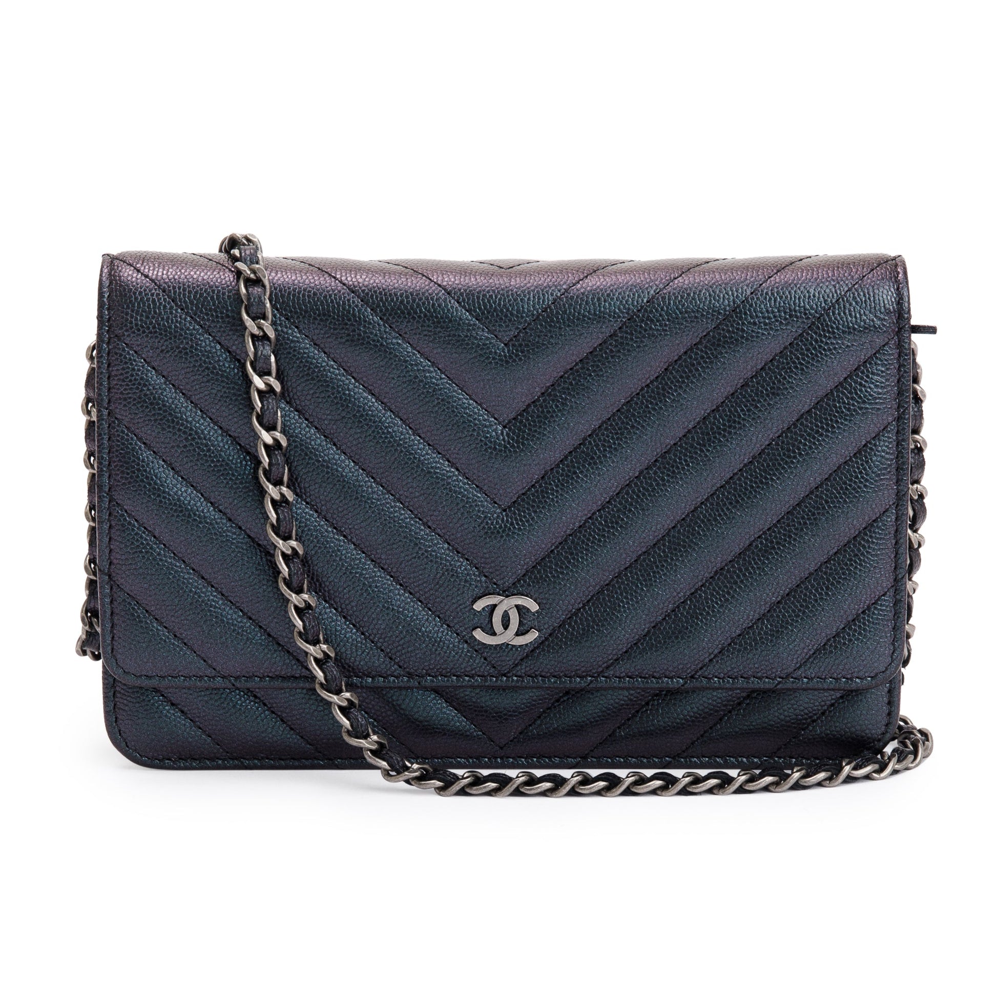 Chanel Iridescent Caviar Chevron on Leather Black Wallet Case