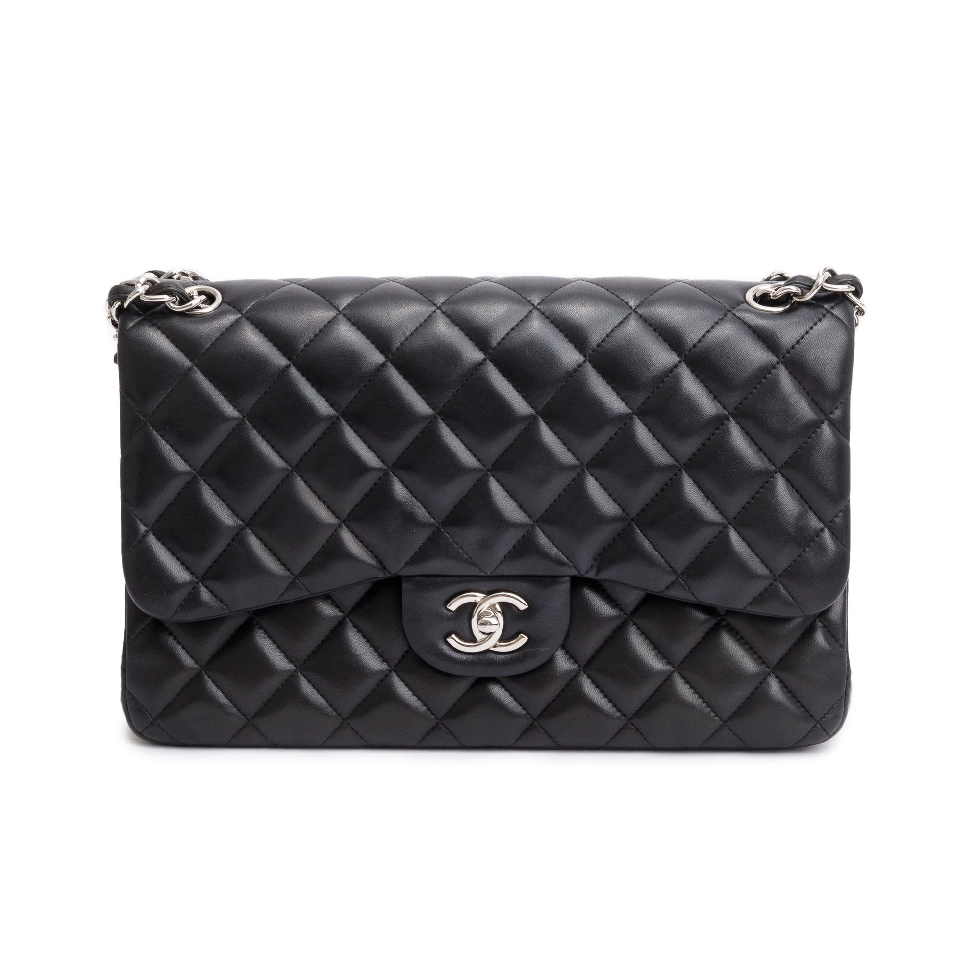 Chanel Classic Jumbo Double Flap Lambskin Black Travel Bag Flap Bag