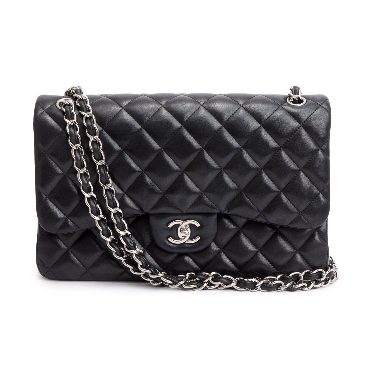 Chanel Classic Jumbo Double Flap Lambskin Black Travel Bag Flap Bag