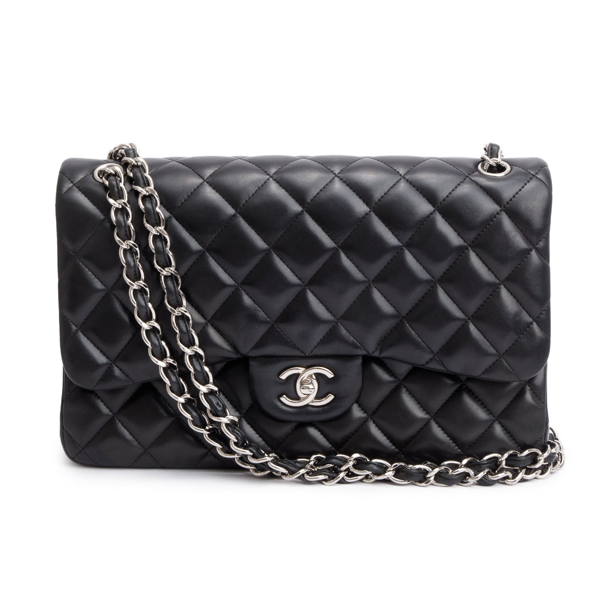 Chanel Classic Jumbo Double Flap Lambskin Black Travel Bag Flap Bag