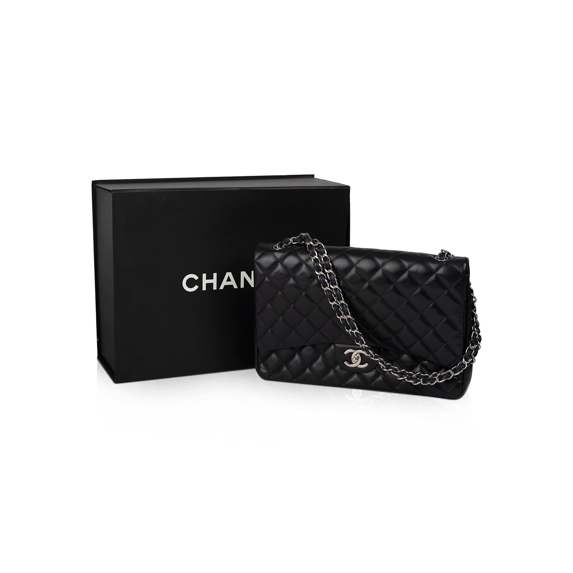 Chanel Classic Maxi Double Flap Lambskin Black Travel Bag