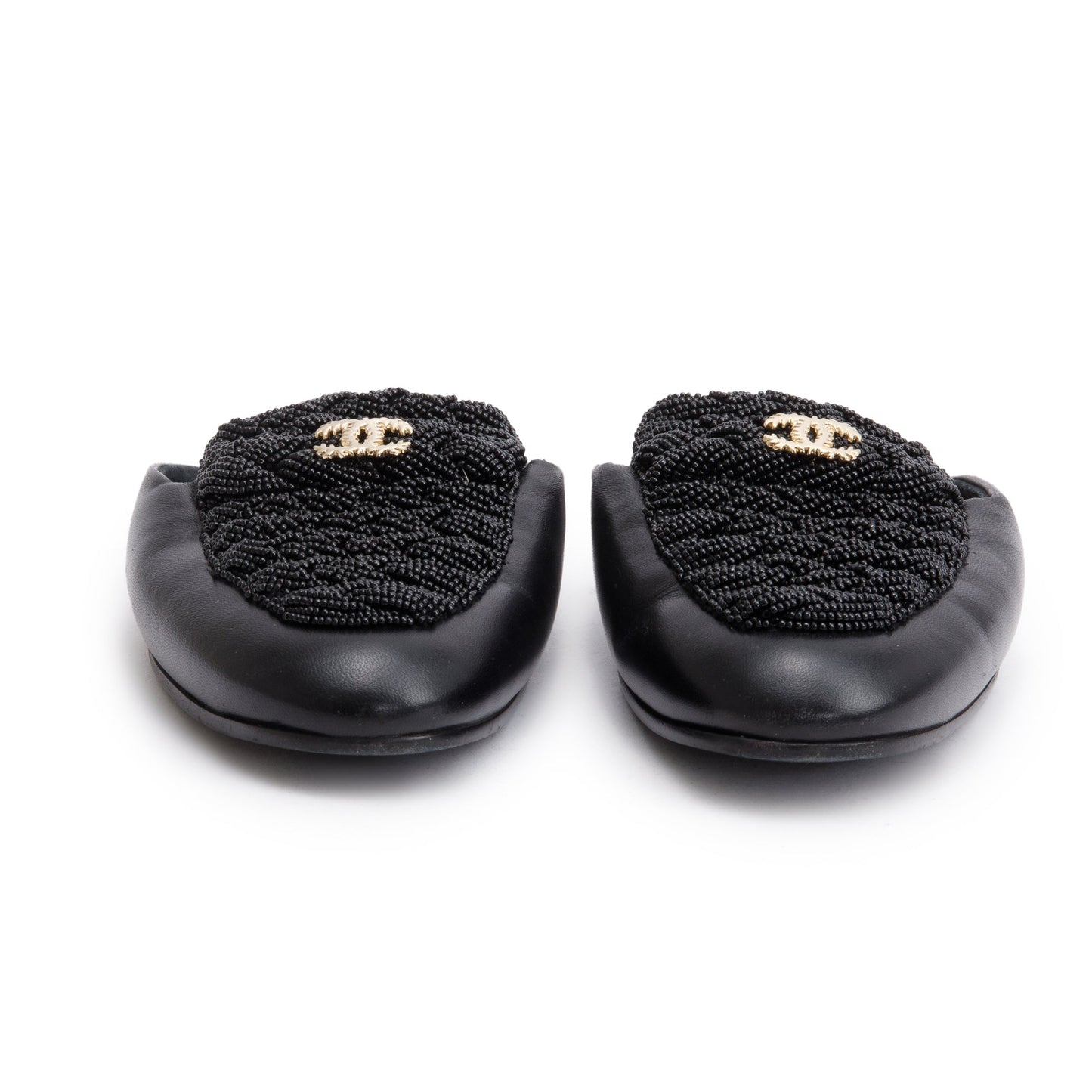 Chanel CC Beaded Flat Mules Leather Lambskin Black Shoes