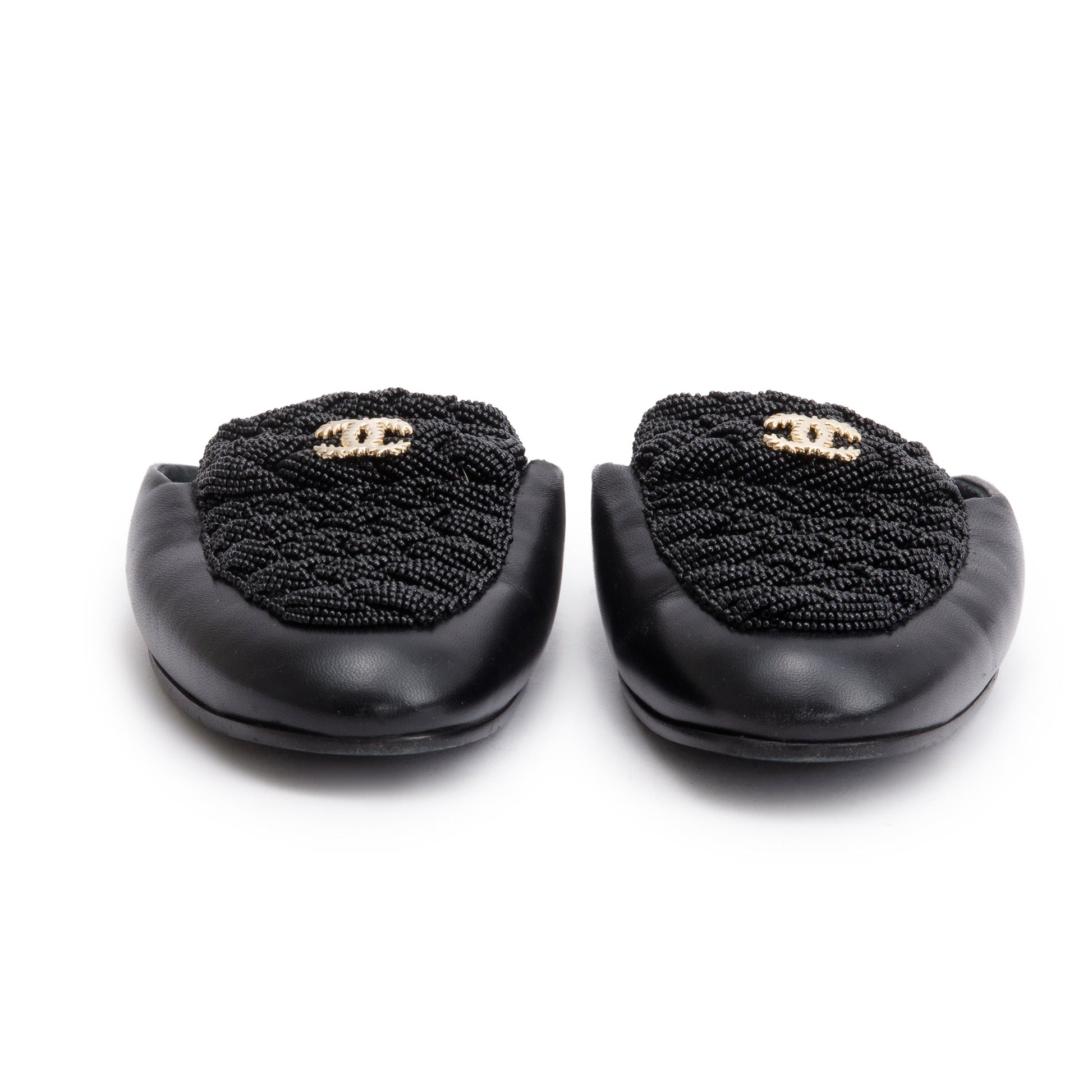 Chanel CC Beaded Flat Mules Leather Lambskin Black Shoes