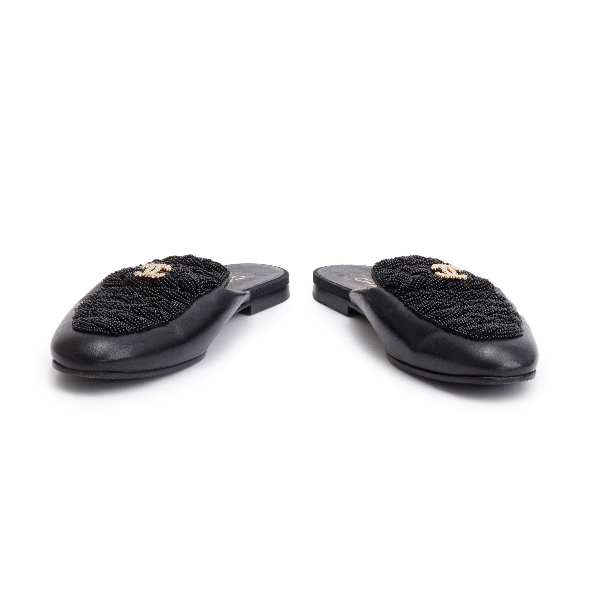 Chanel CC Beaded Flat Mules Leather Lambskin Black Shoes