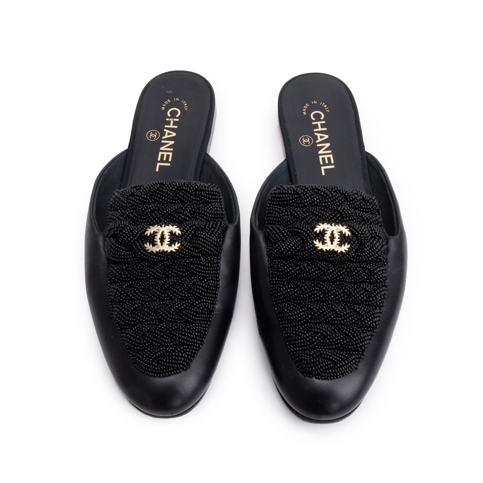 Chanel CC Beaded Flat Mules Leather Lambskin Black Shoes