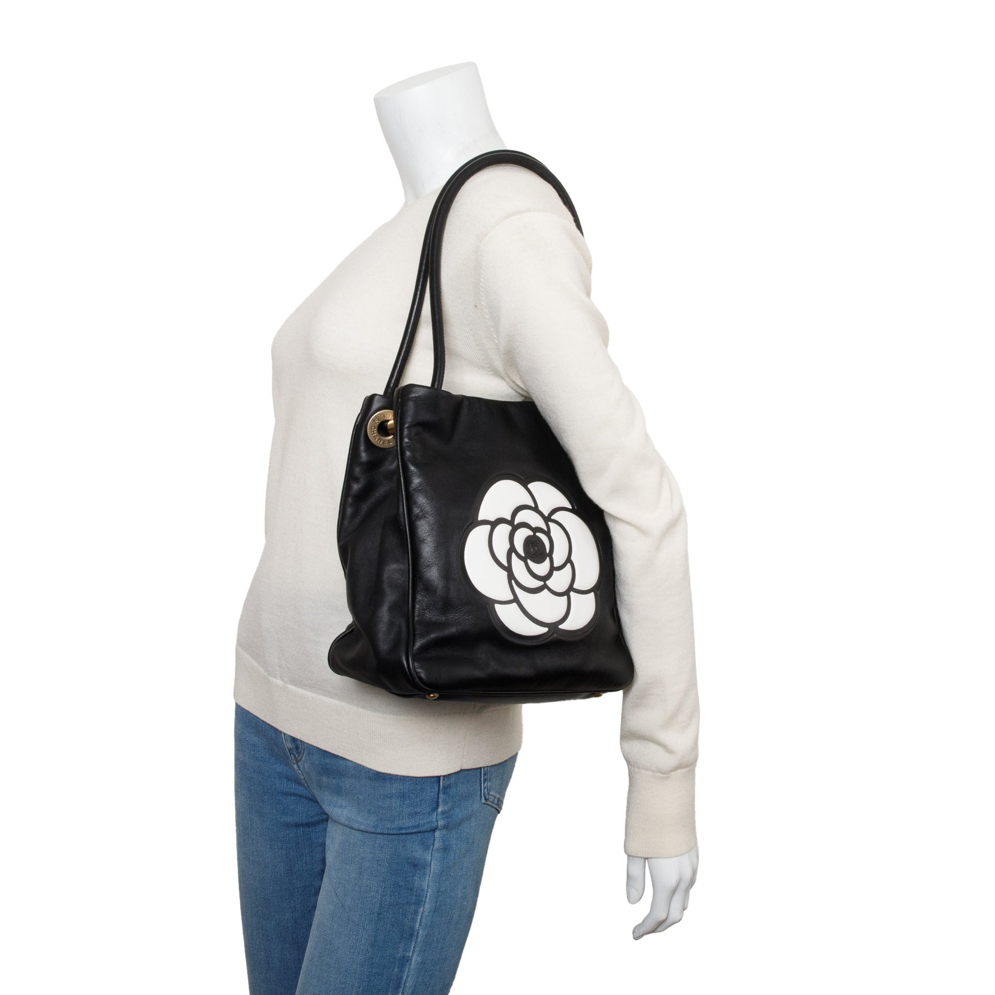 Chanel Camellia Logo Leather Lambskin Black Travel Bag