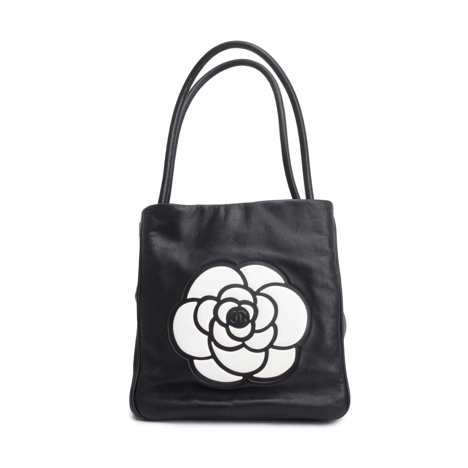 Chanel Camellia Logo Leather Lambskin Black Travel Bag