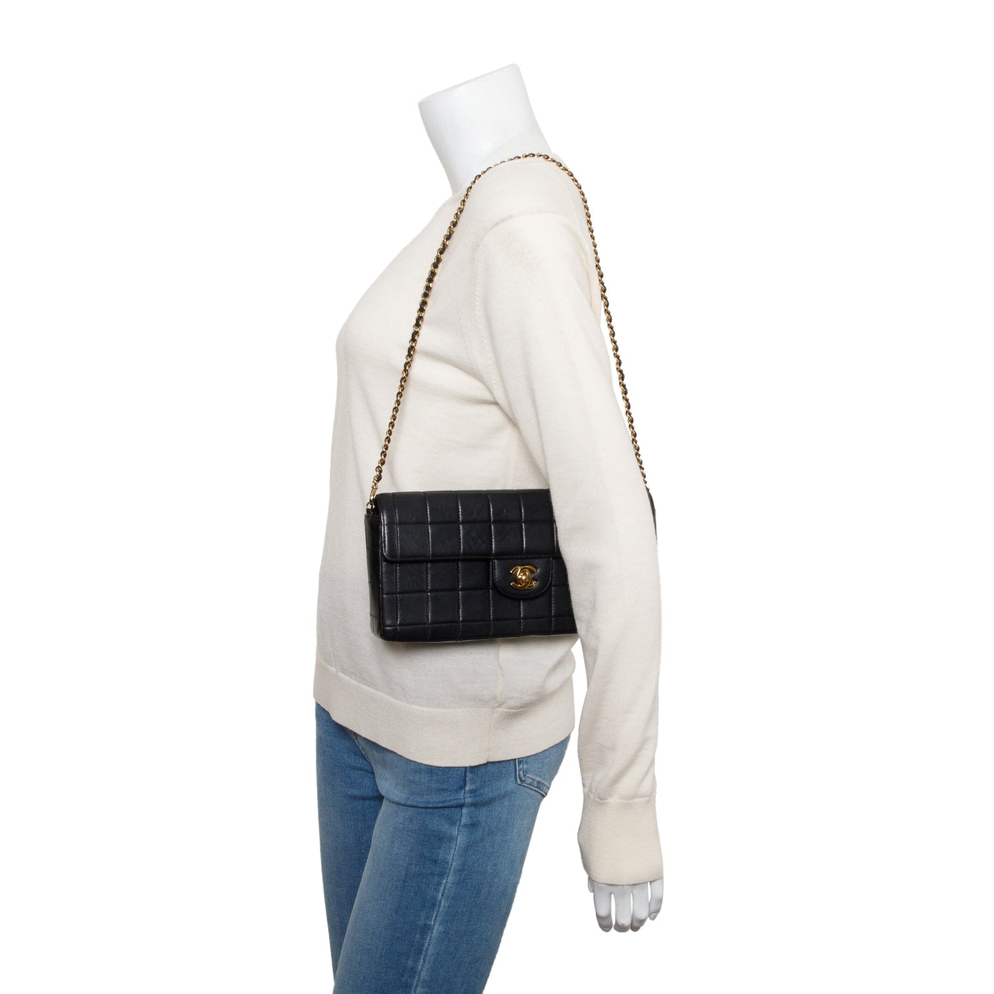 Chanel Chocolate Bar E W Flap Leather Lambskin Black Travel Bag