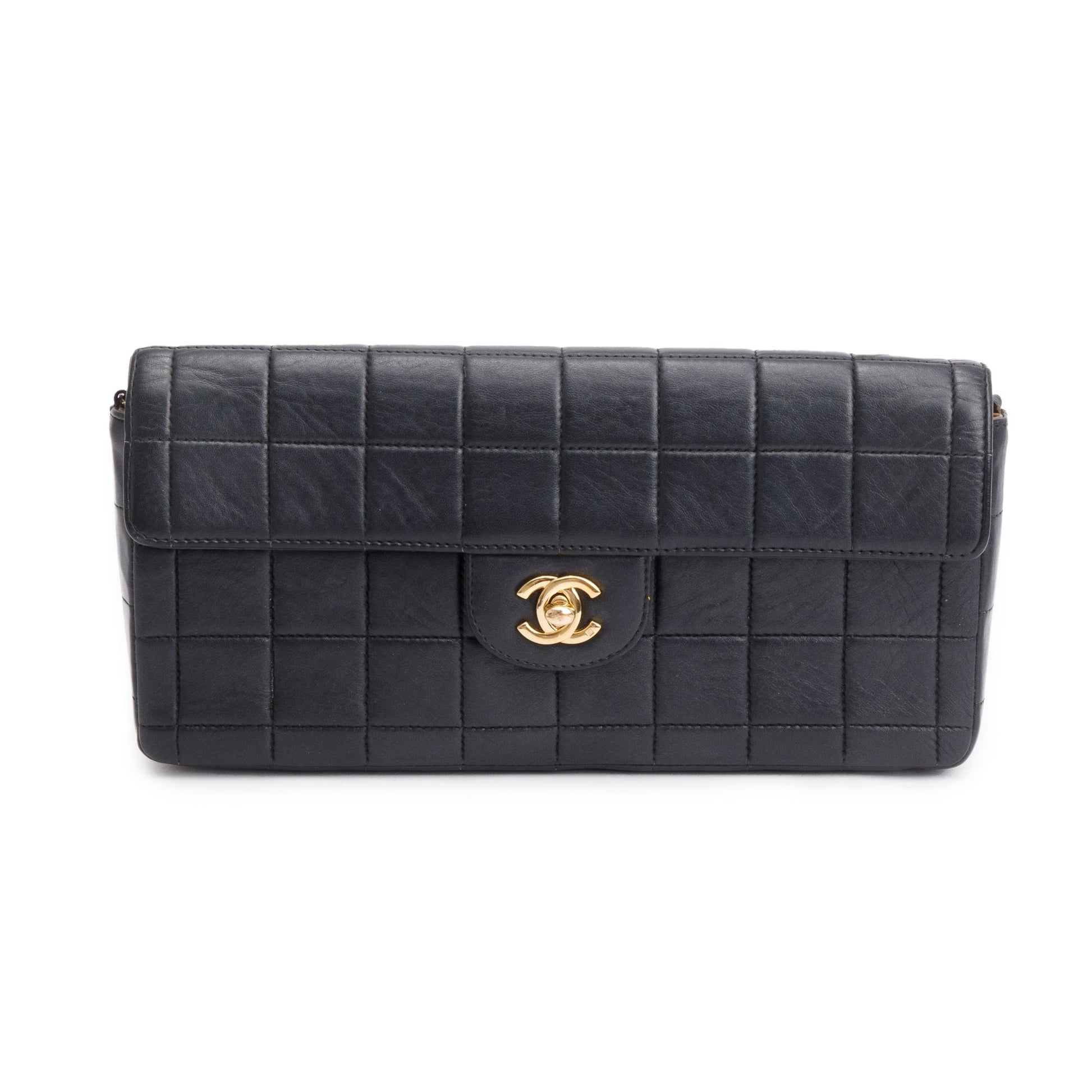 Chanel Chocolate Bar E W Flap Leather Lambskin Black Travel Bag