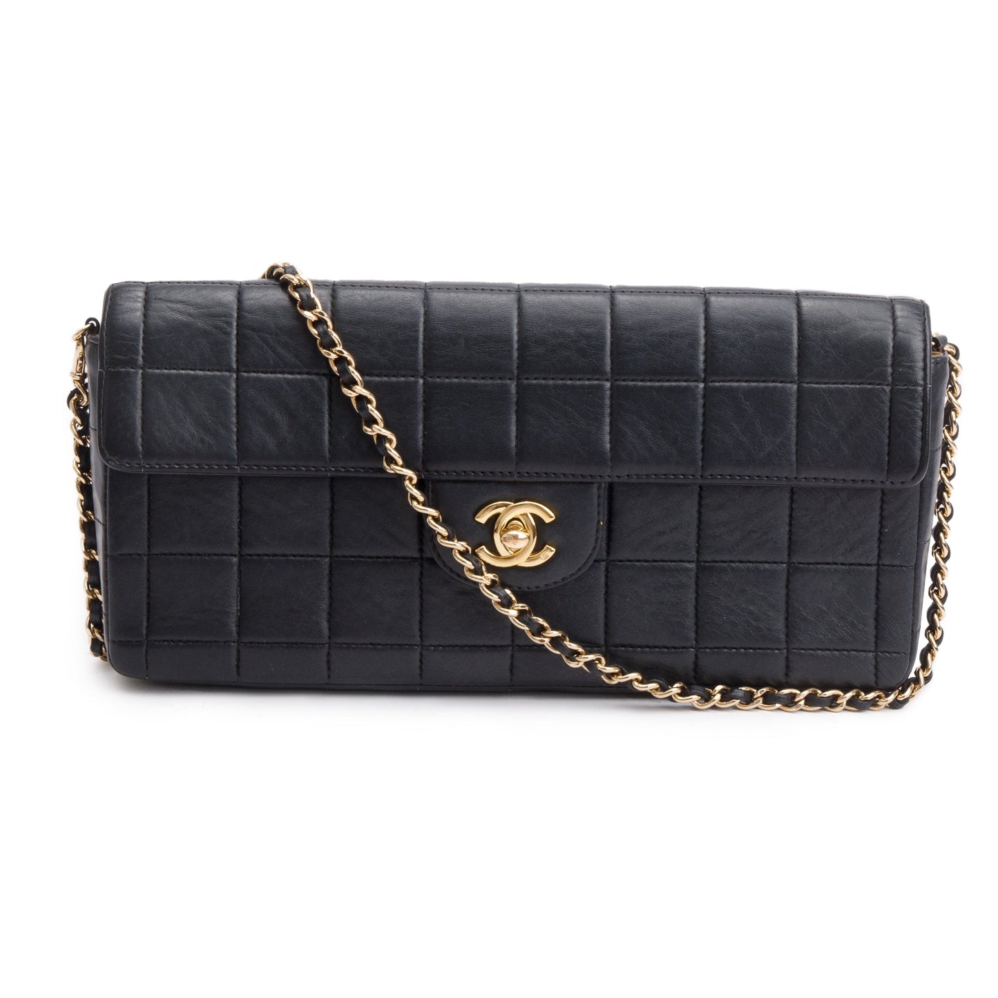 Chanel Chocolate Bar E W Flap Leather Lambskin Black Travel Bag