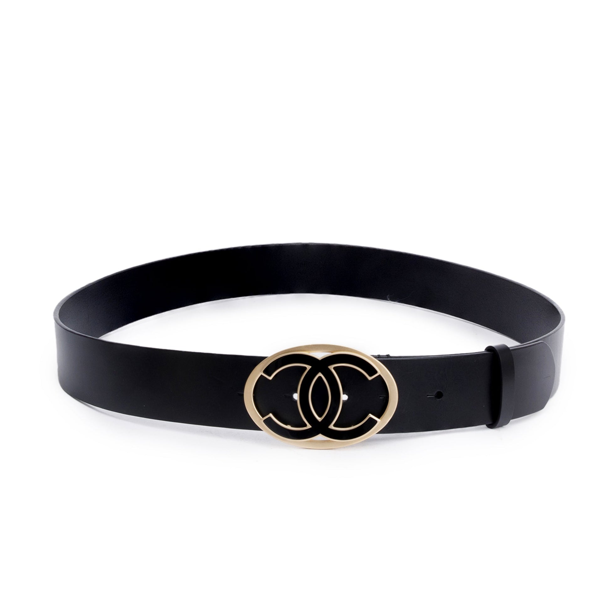 Chanel Interlocking CC Logo Oval Buckle Leather Lambskin Black Belt