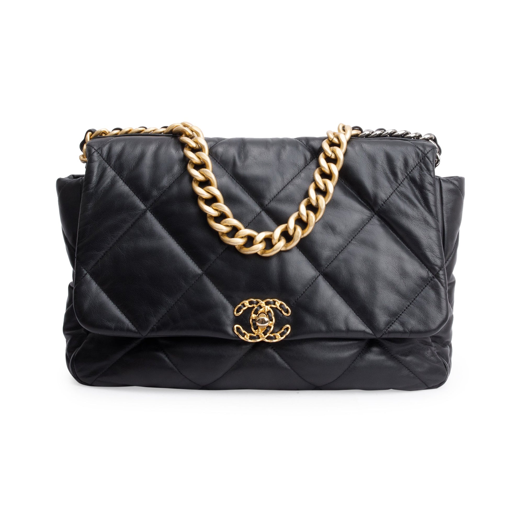 Chanel Maxi 19 Flap Leather Lambskin Black Travel Bag