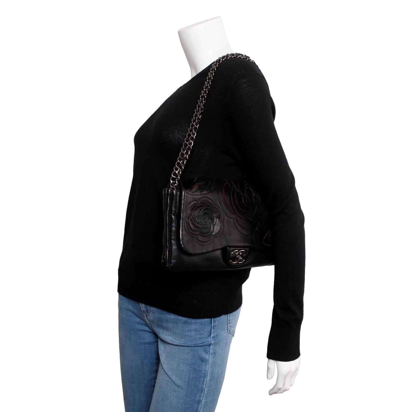 Chanel Tweed Camellia Petals Flap Leather Lambskin Black Travel Bag