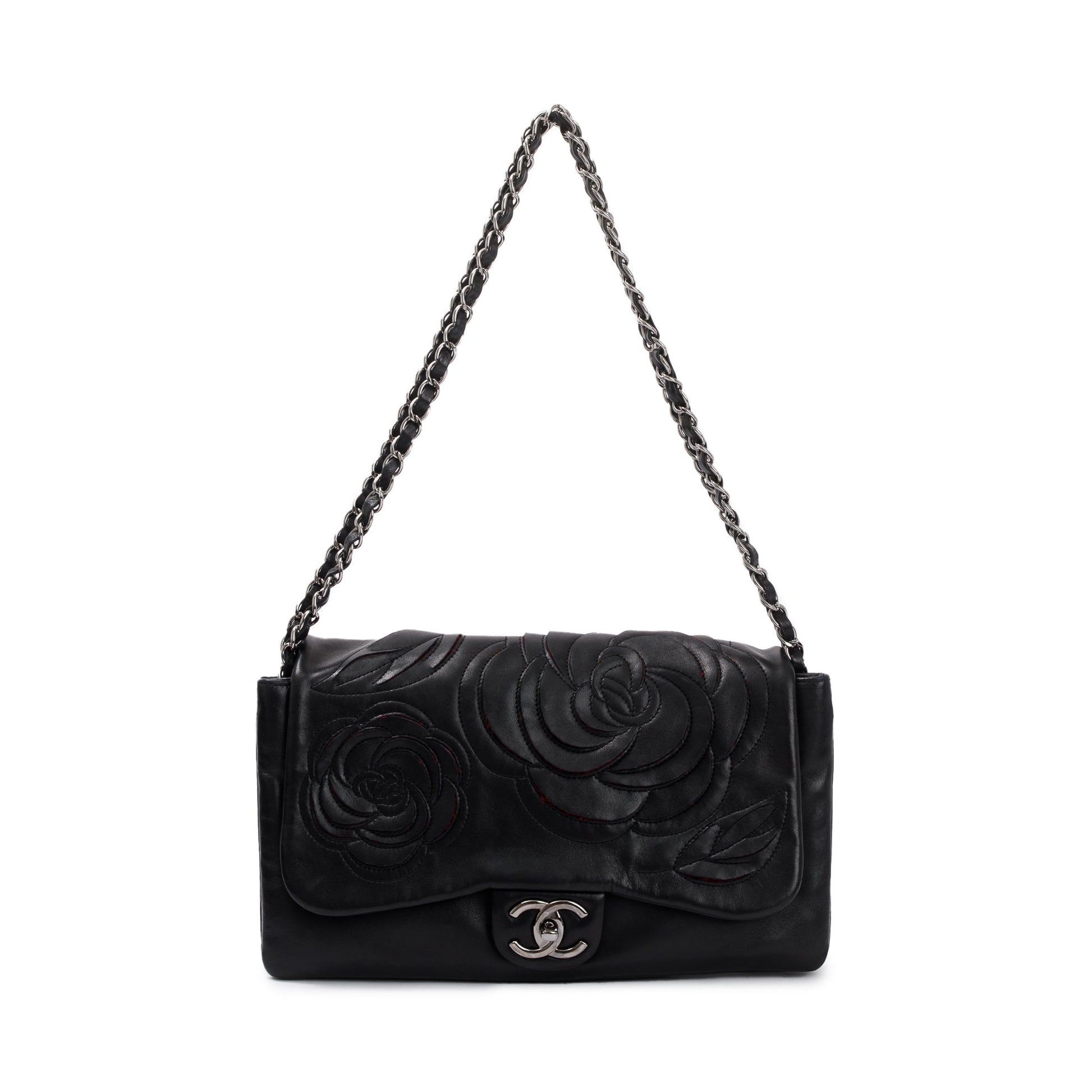 Chanel Tweed Camellia Petals Flap Leather Lambskin Black Travel Bag