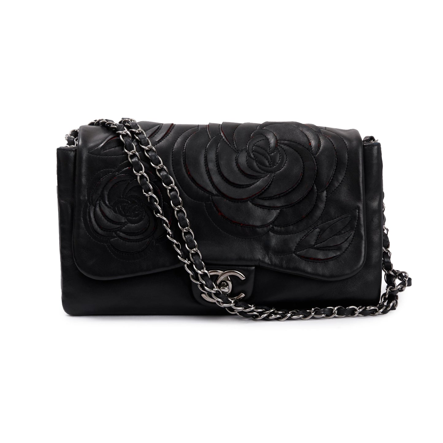 Chanel Tweed Camellia Petals Flap Leather Lambskin Black Travel Bag