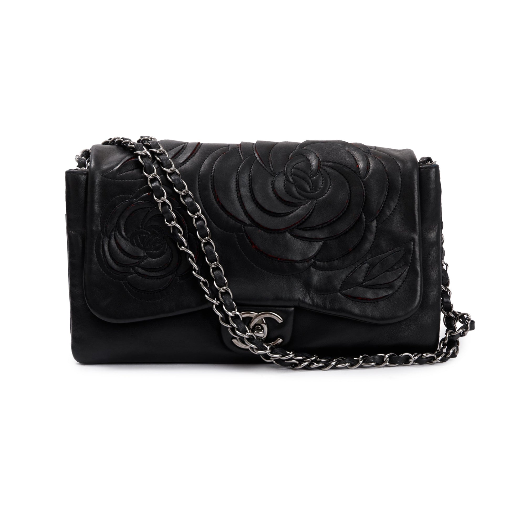 Chanel Tweed Camellia Petals Flap Leather Lambskin Black Travel Bag