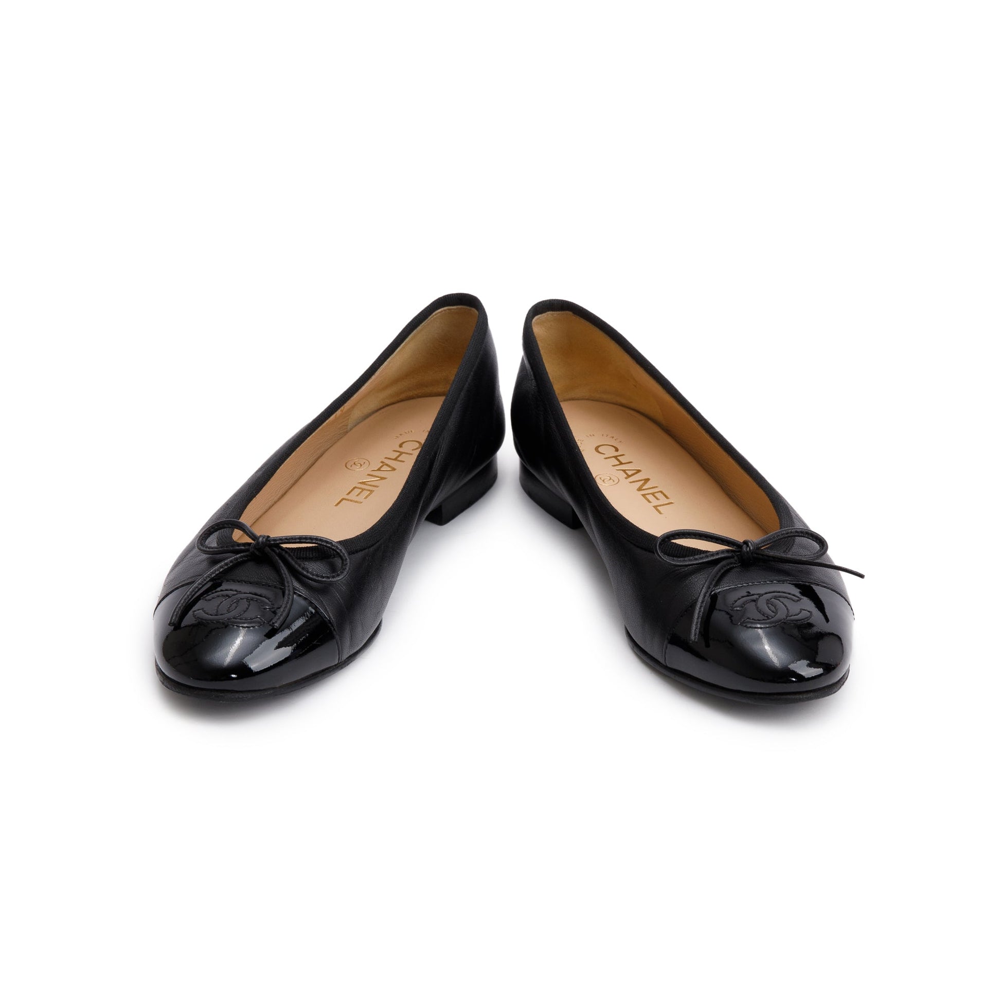 Chanel Patent Interlocking CC Logo Bow Leather Lambskin Black Shoes