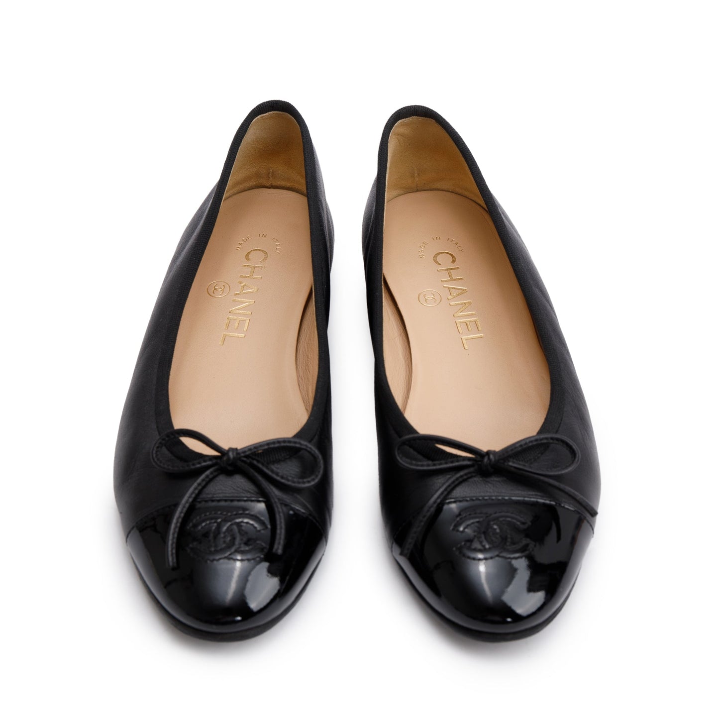 Chanel Patent Interlocking CC Logo Bow Leather Lambskin Black Shoes