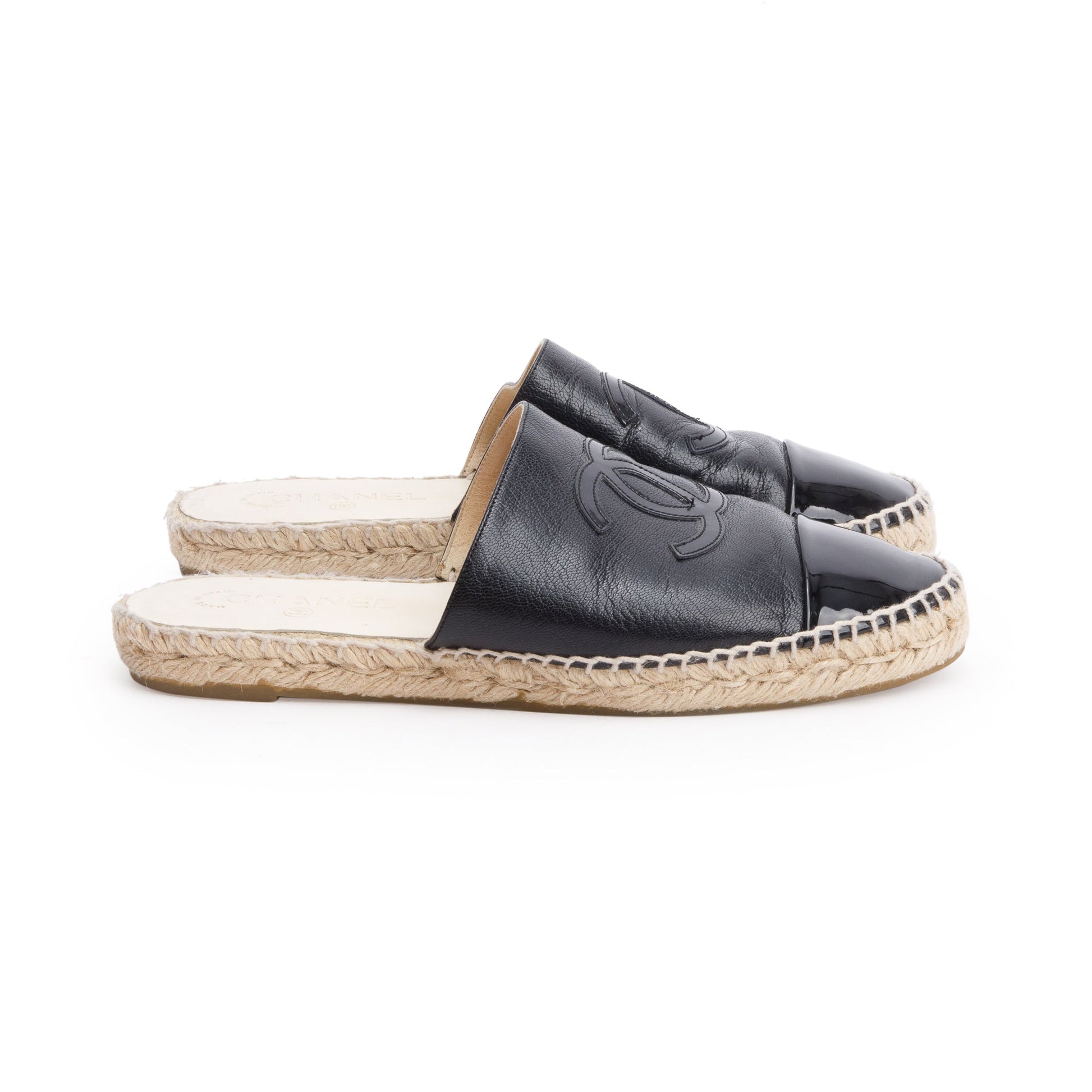 Chanel CC Logo Espadrille Mule Leather Black Shoes