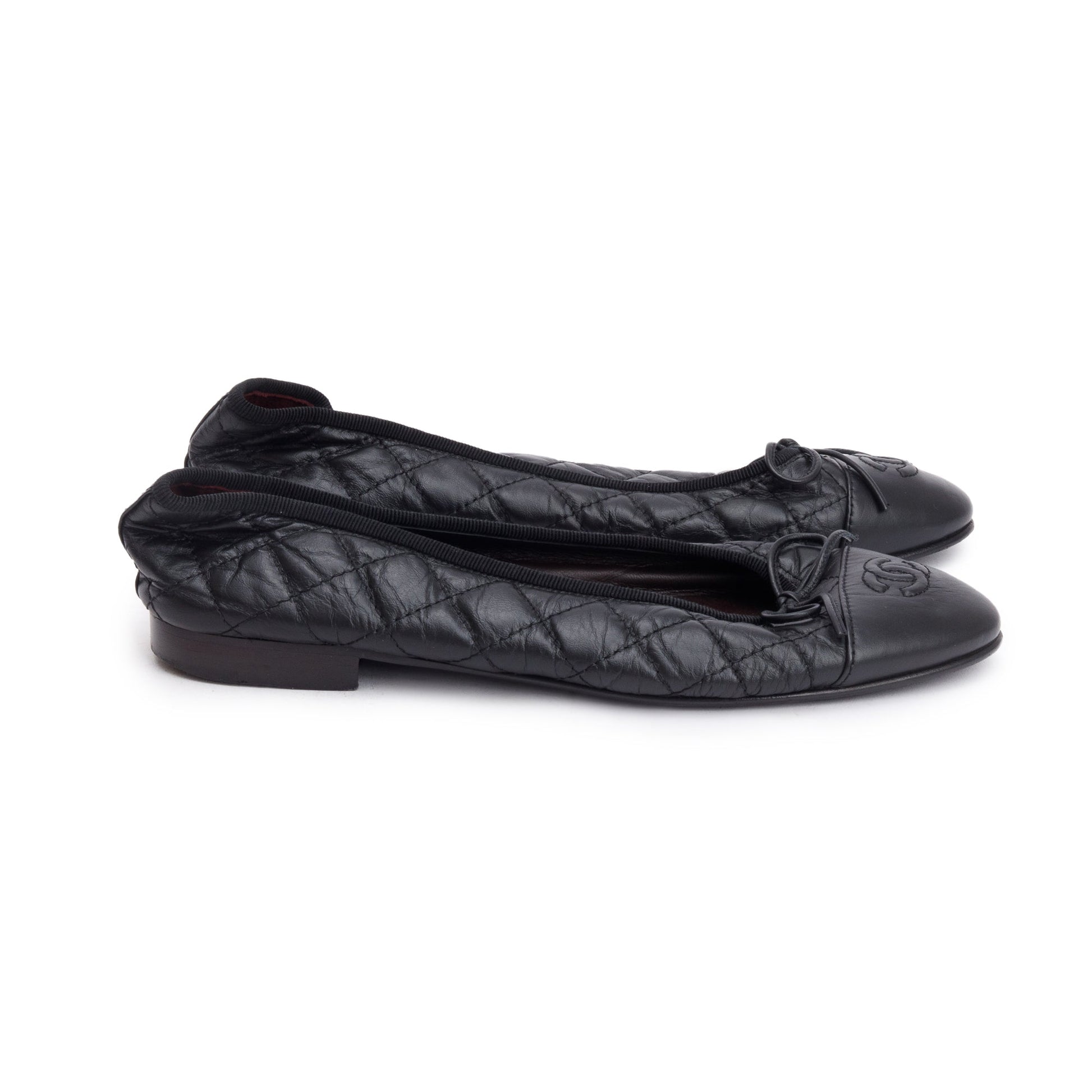 Chanel Interlocking CC Logo Ballet Flats Leather Black Shoes