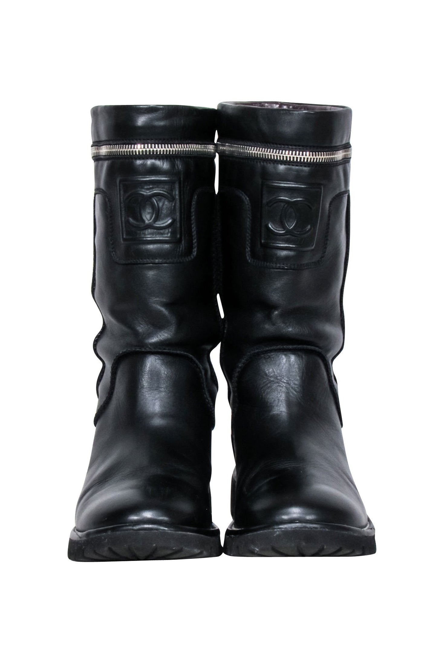 Chanel - Black Leather Mid Calf Boots Sz