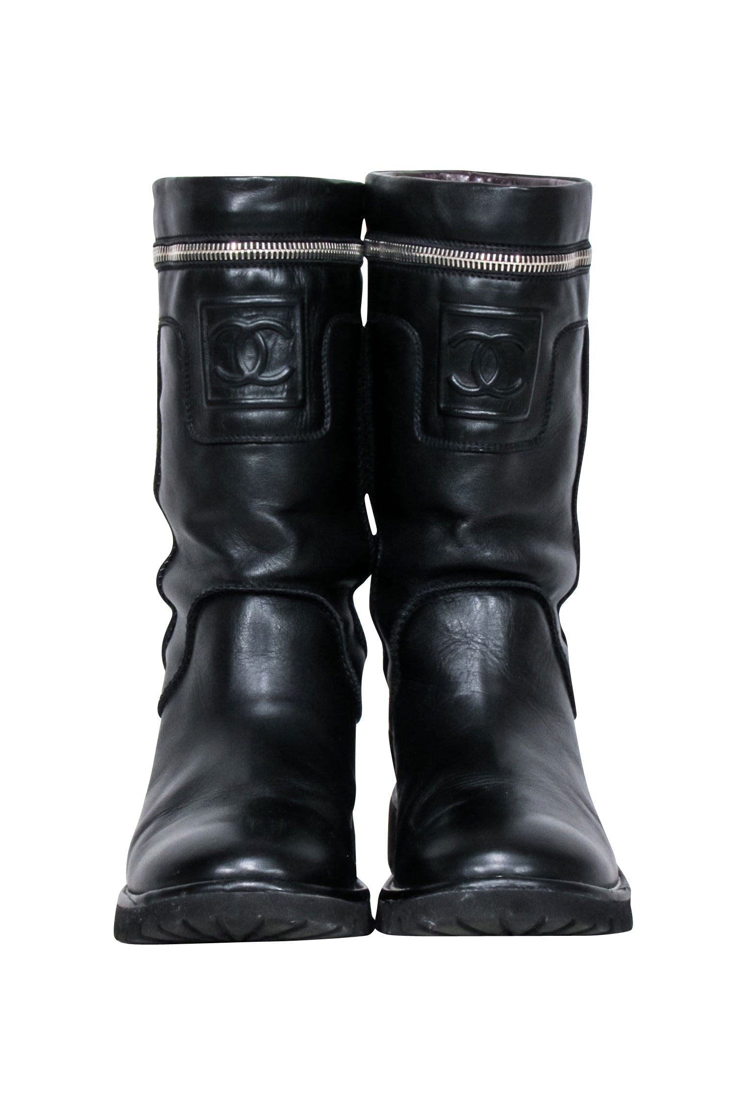 Chanel - Black Leather Mid Calf Boots Sz